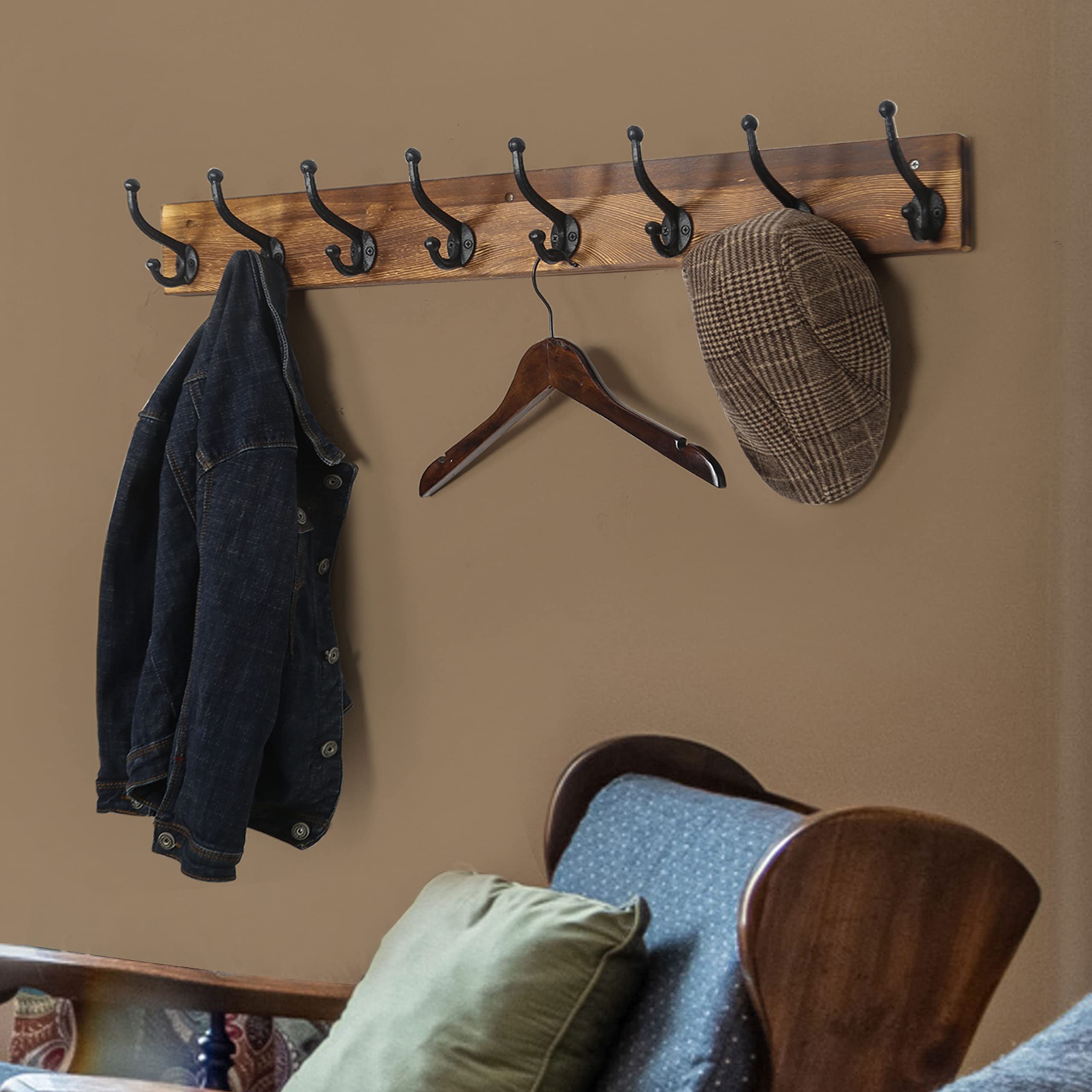 WEBI Rustic Wall Mount Coat Rack – 8 Cast Iron Hooks, Solid Wood, 2 Pack