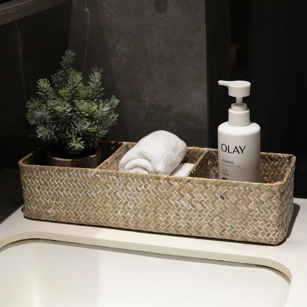 Seagrass Storage Basket with 3 Sections Woven Shelf Baskets for Organizing Whitewash, 37cm x 12cm x 8cm