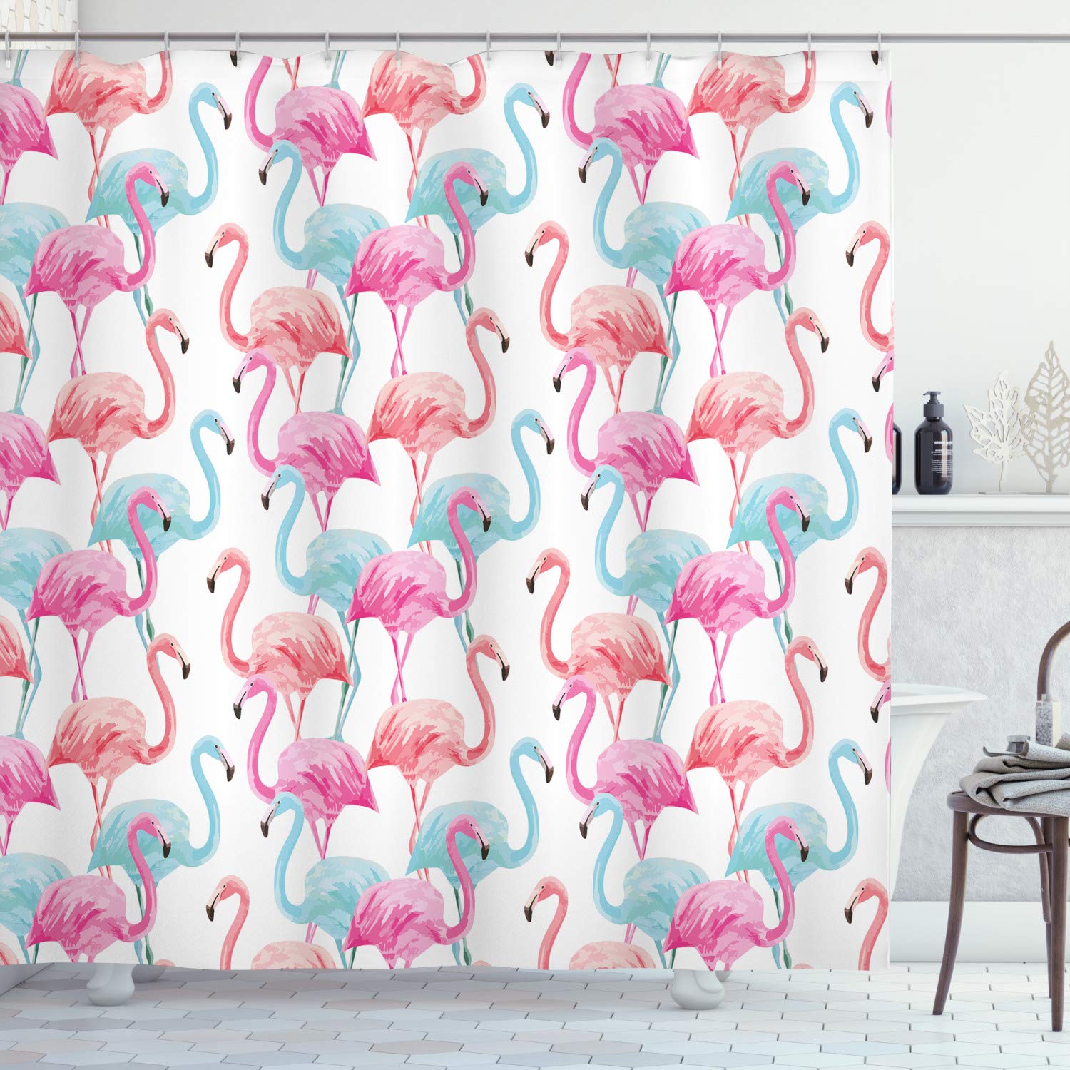 ABAKUHAUS Flamingo Watercolor Shower Curtain – Fabric Waterproof Set