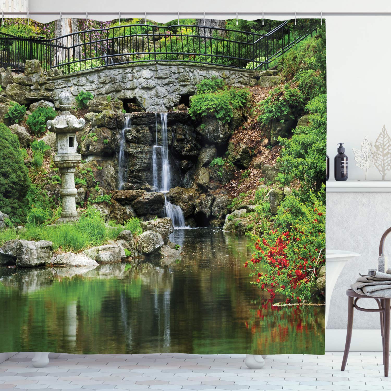 ABAKUHAUS Japanese Waterfall Shower Curtain | Waterproof Fabric, 69x78"
