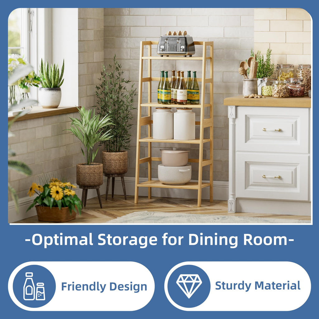 HITNET 4-Tier Bamboo Ladder Shelf | Freestanding Bookcase & Plant Stand