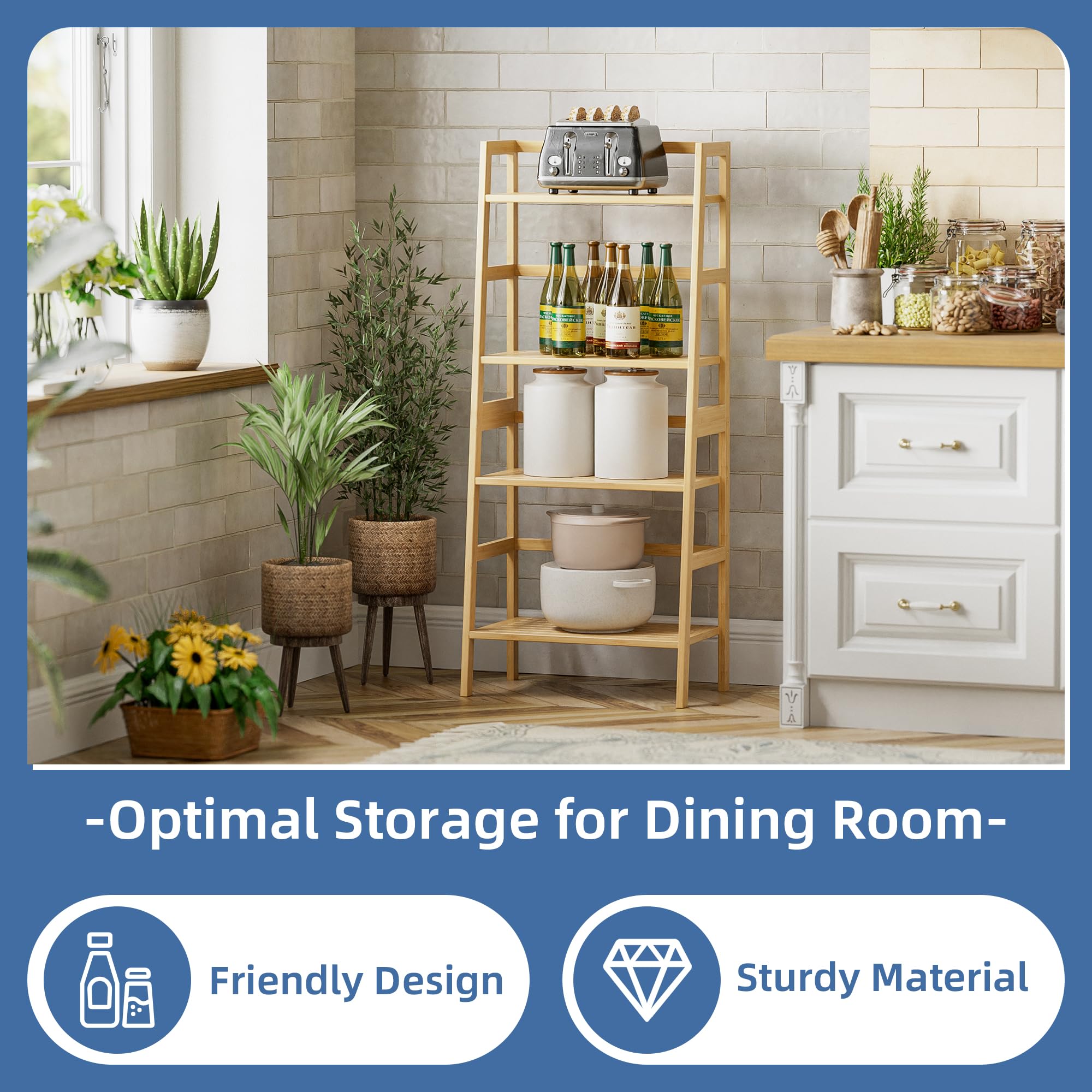 HITNET 4-Tier Bamboo Ladder Shelf | Freestanding Bookcase & Plant Stand