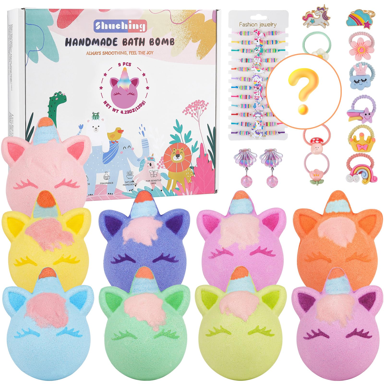 SHUCHING Unicorn Bath Bombs for Girls - 9pc Organic Set with Jewelry