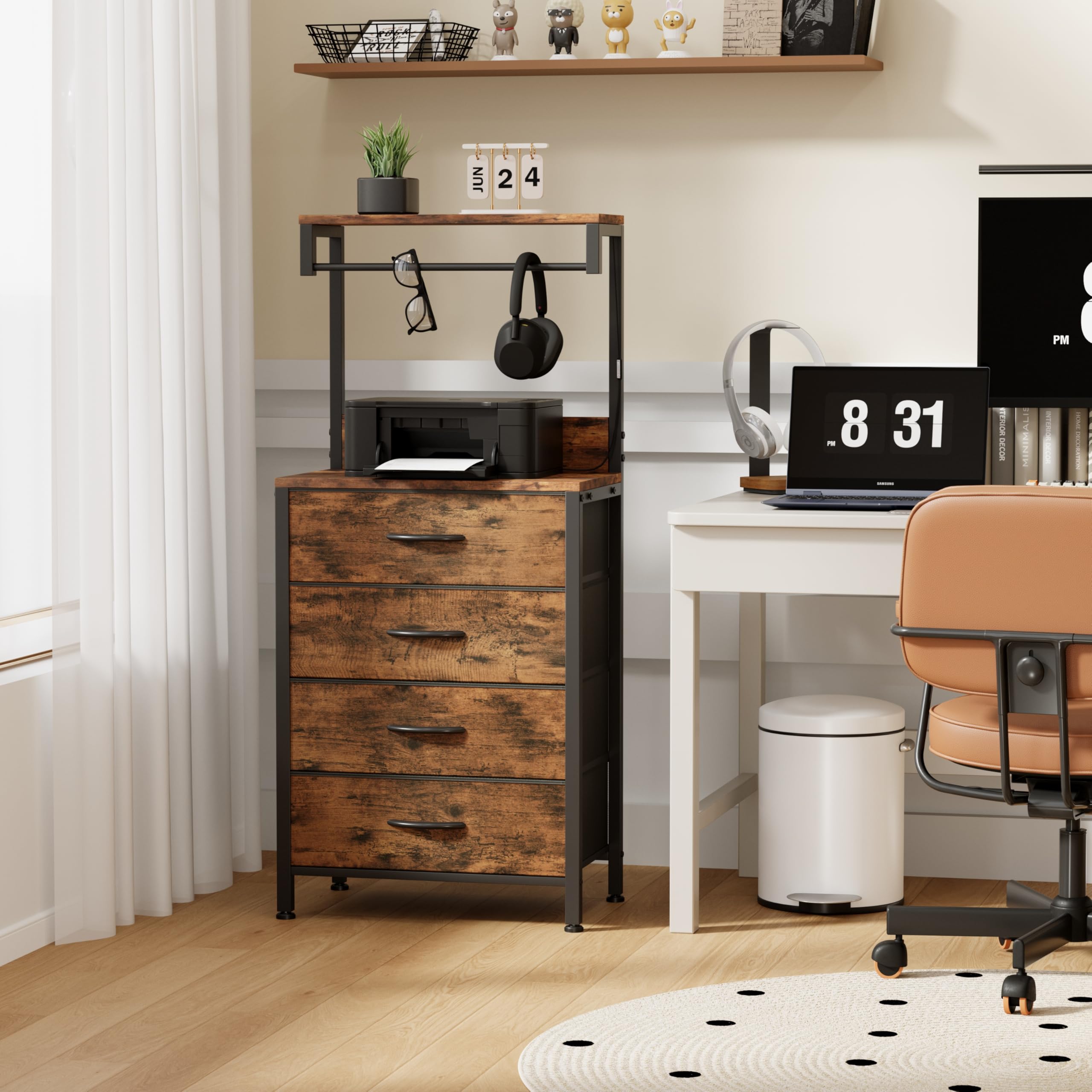 MUTUN Nightstand with Charging Station, LED Light & 4 Drawers – Rustic