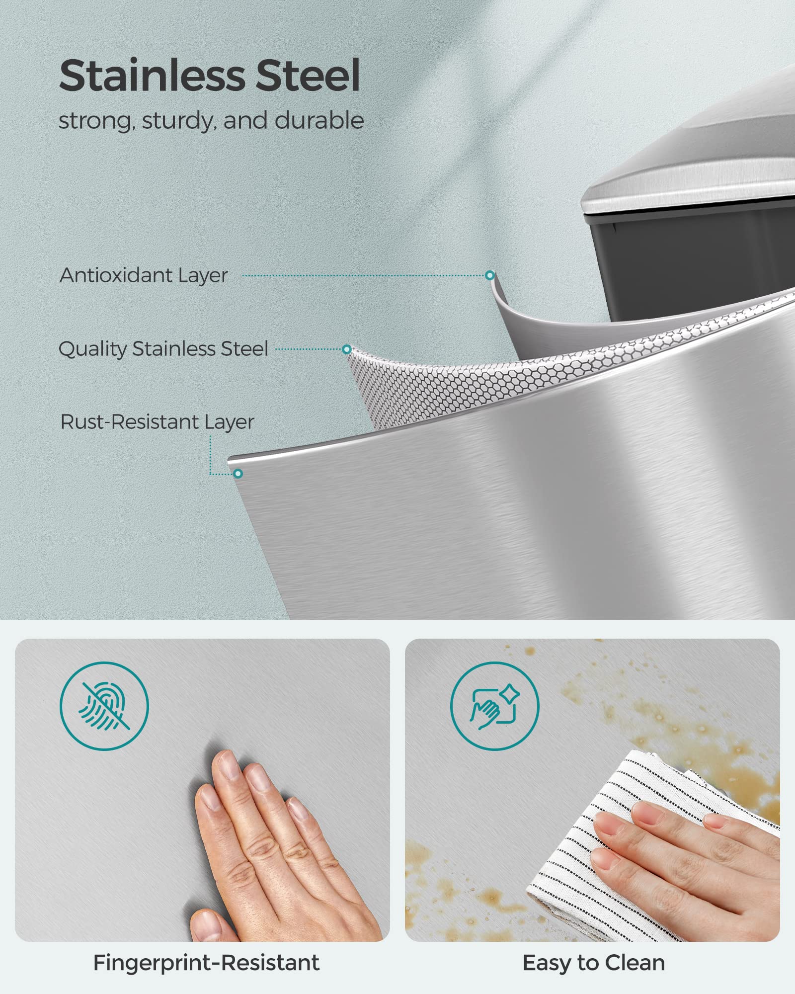 SONGMICS 48L Slim Kitchen Bin | Stainless Steel Soft-Close Pedal Bin