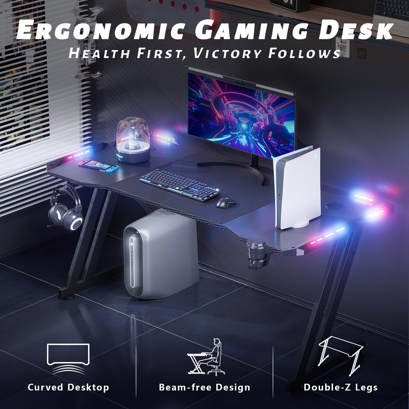 DLONGONE 120cm RGB Gaming Desk – Carbon Fiber PC Table with Hook