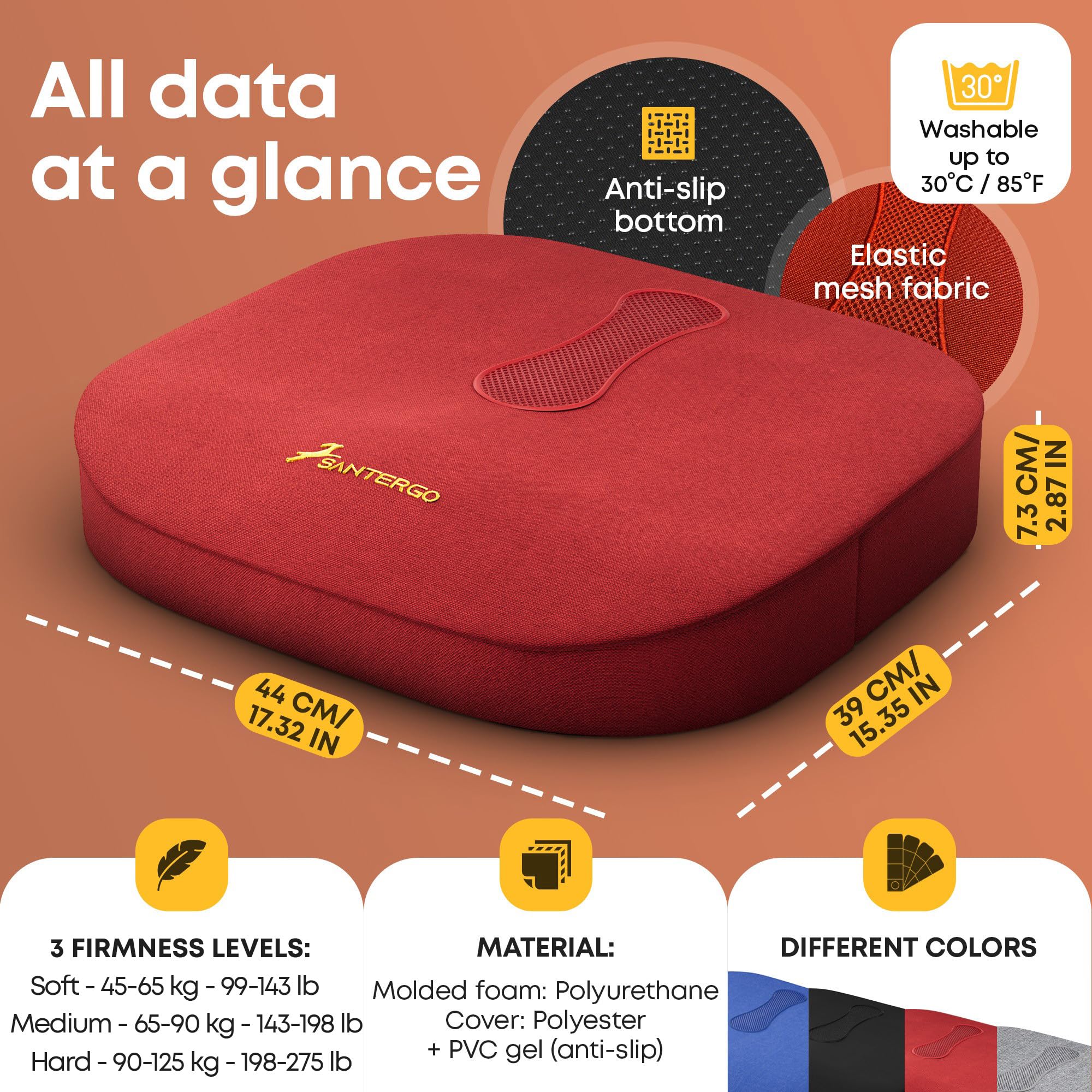 SANTERGO Orthopaedic Seat Cushion – Ergonomic Foam for Office & Car