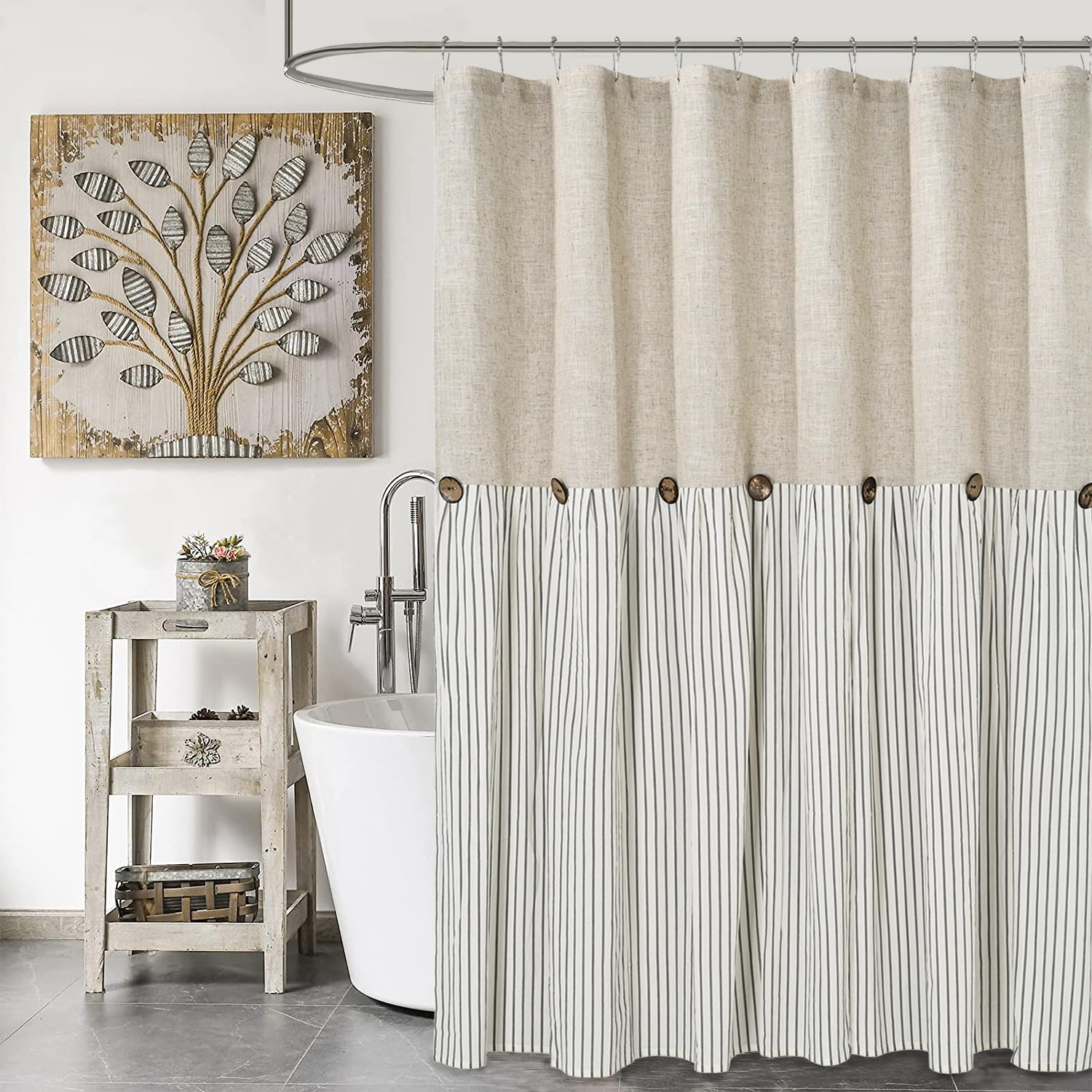 DOSLY IDÉES Linen Cotton Shower Curtain – Grey Striped Farmhouse Style