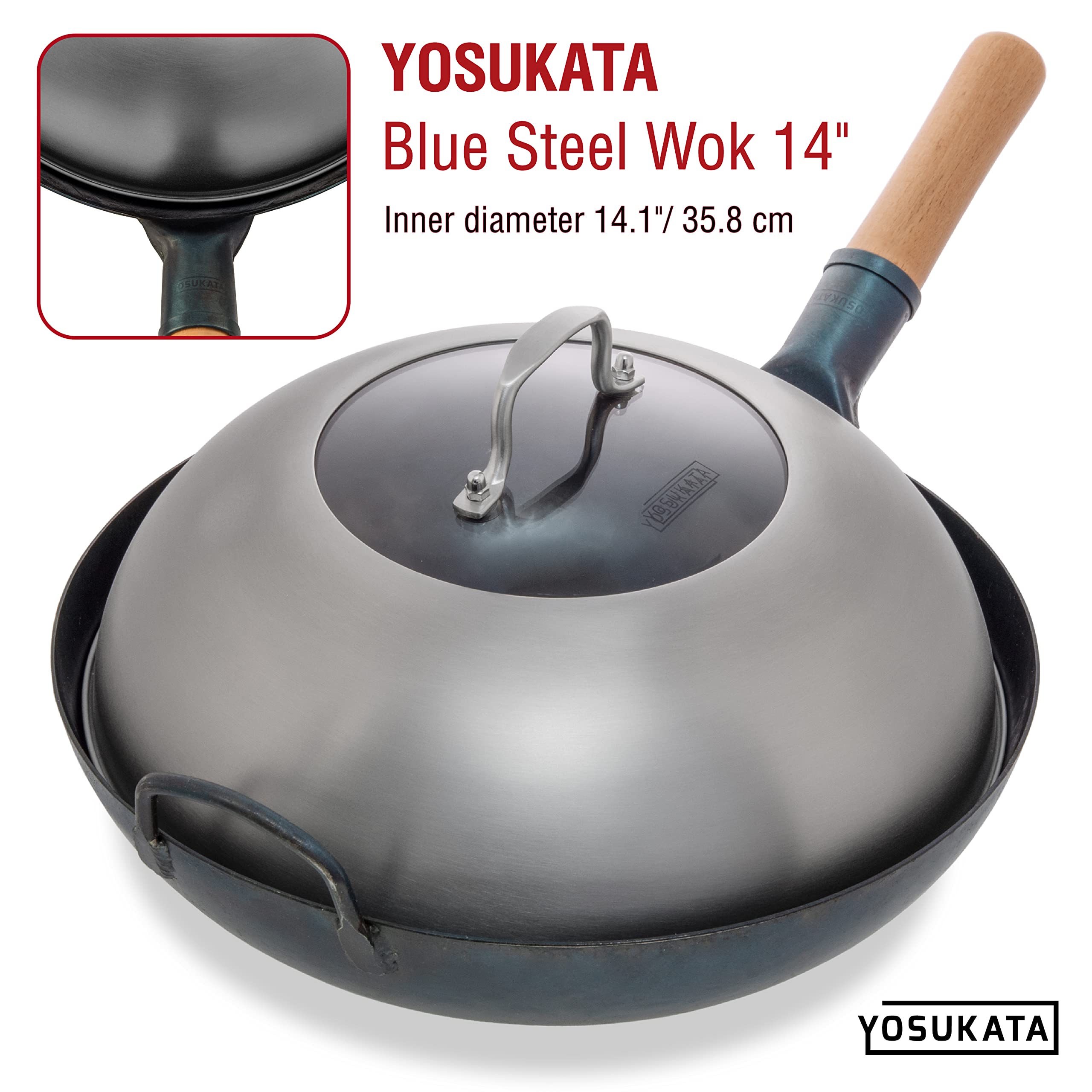 Yosukata Wok Lid 34.5cm – Stainless Steel Pan Cover with Tempered Glass
