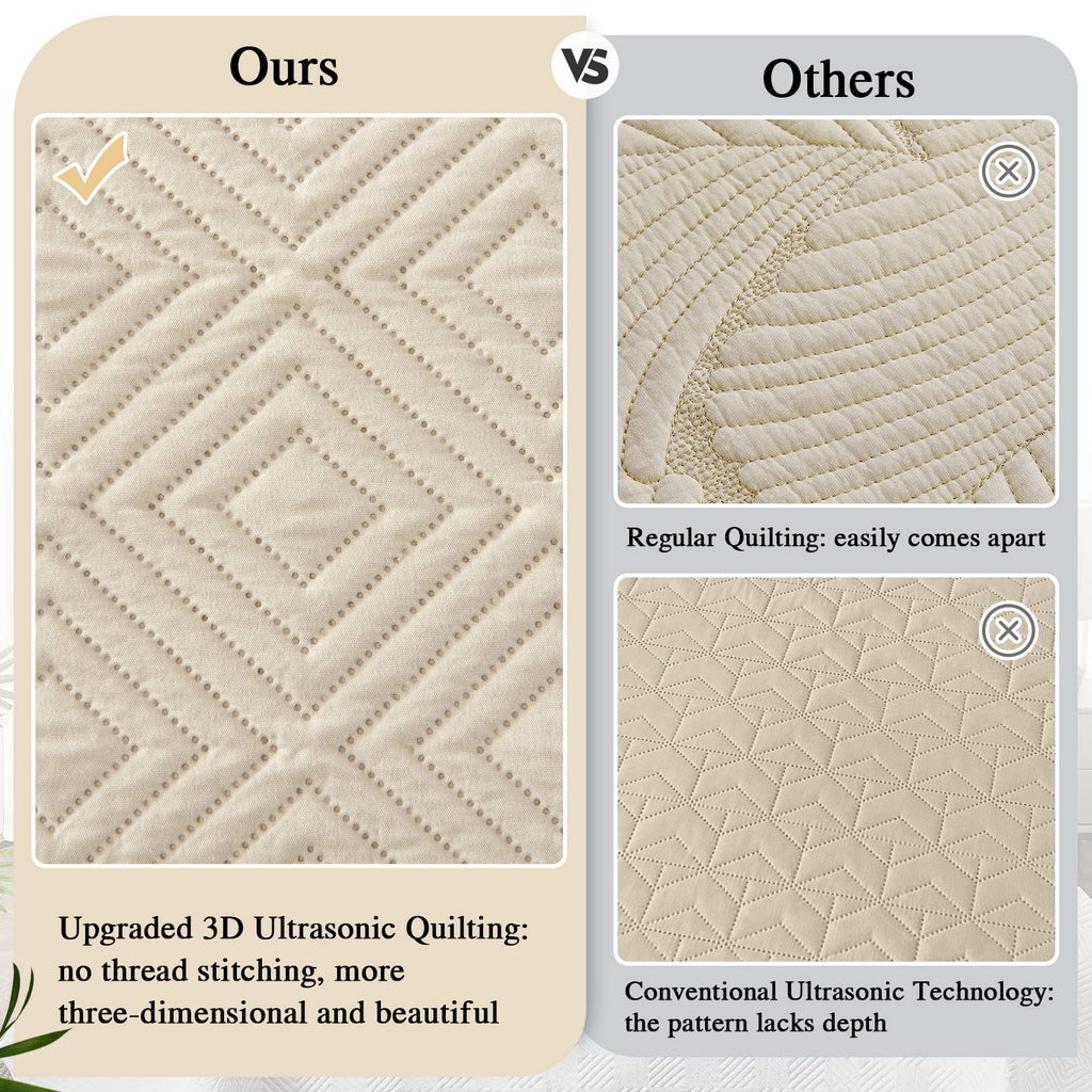 Qucover Super King Bedspread - 3-Piece Beige Ultrasonic Geometric Quilt