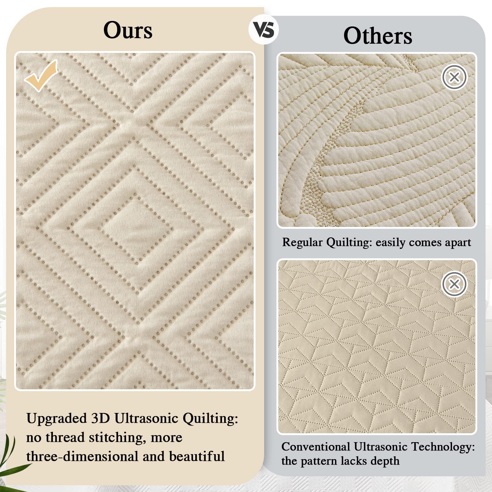 Qucover Super King Bedspread - 3-Piece Beige Ultrasonic Geometric Quilt