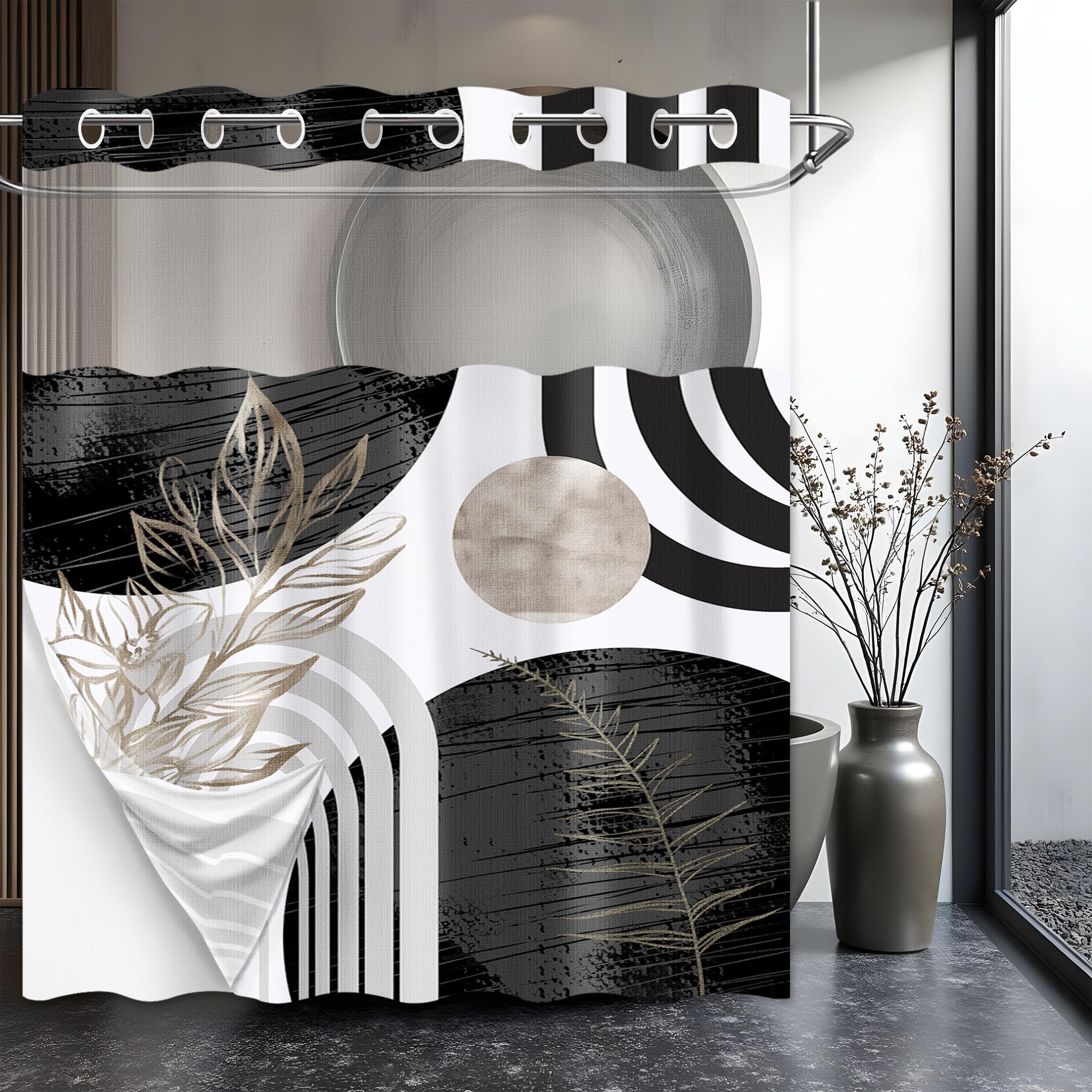 LanZanthic Hookless Shower Curtain with Snap-in Liner – Boho Abstract Design