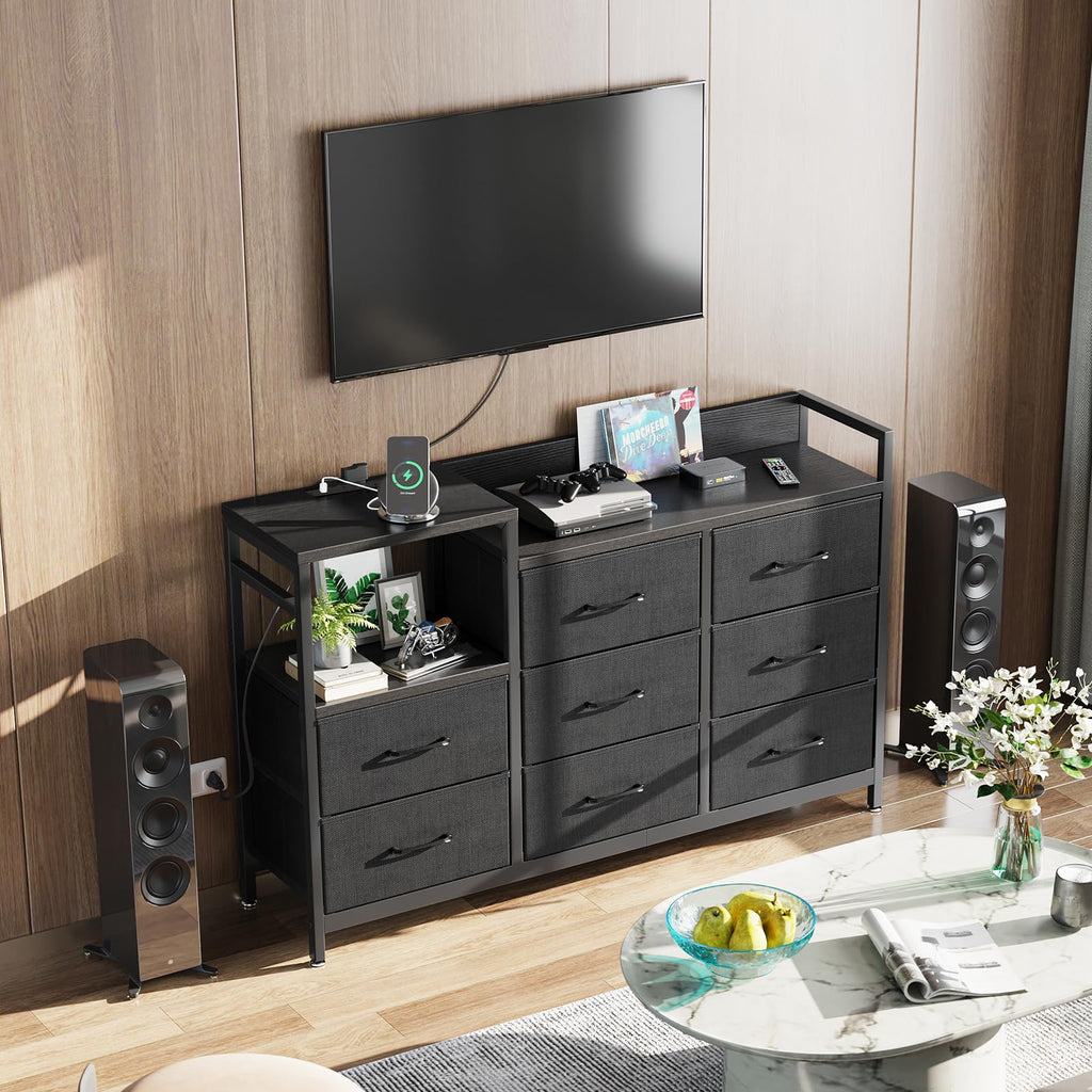 ODK 8-Drawer Fabric Chest of Drawers with Charging Station | Black