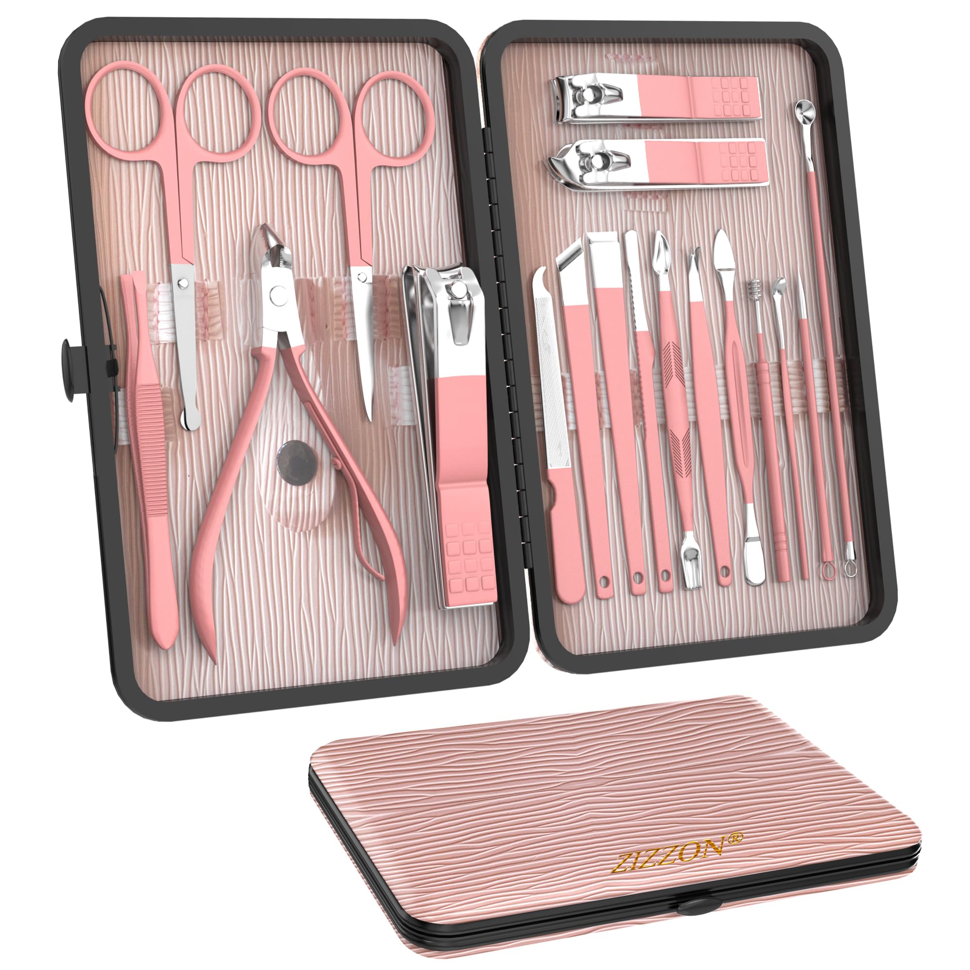 ZIZZON 18-in-1 Manicure Set | Stainless Steel Pedicure Kit with Pink Case