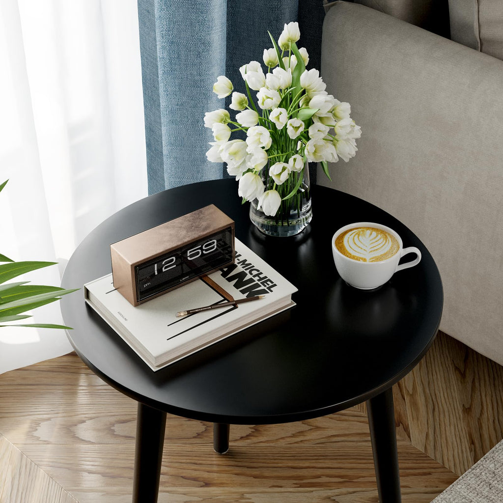 APICIZON Round Side Table – Black Wooden End Table for Small Spaces