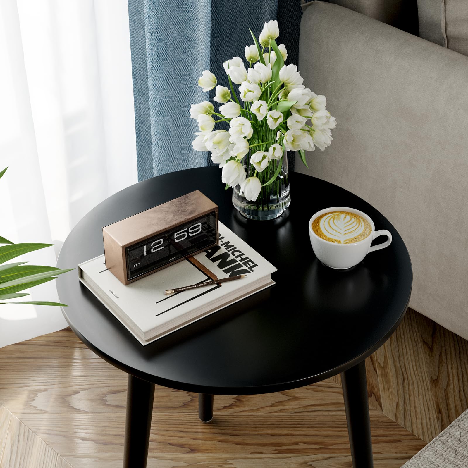 APICIZON Round Side Table – Black Wooden End Table for Small Spaces