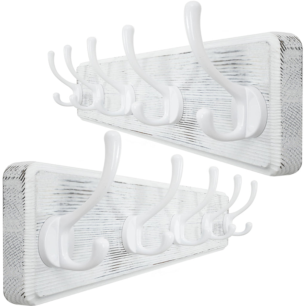 WEBI Rustic White Solid Wood Wall Mounted Coat Rack with 5 Hooks – 2 Pack
