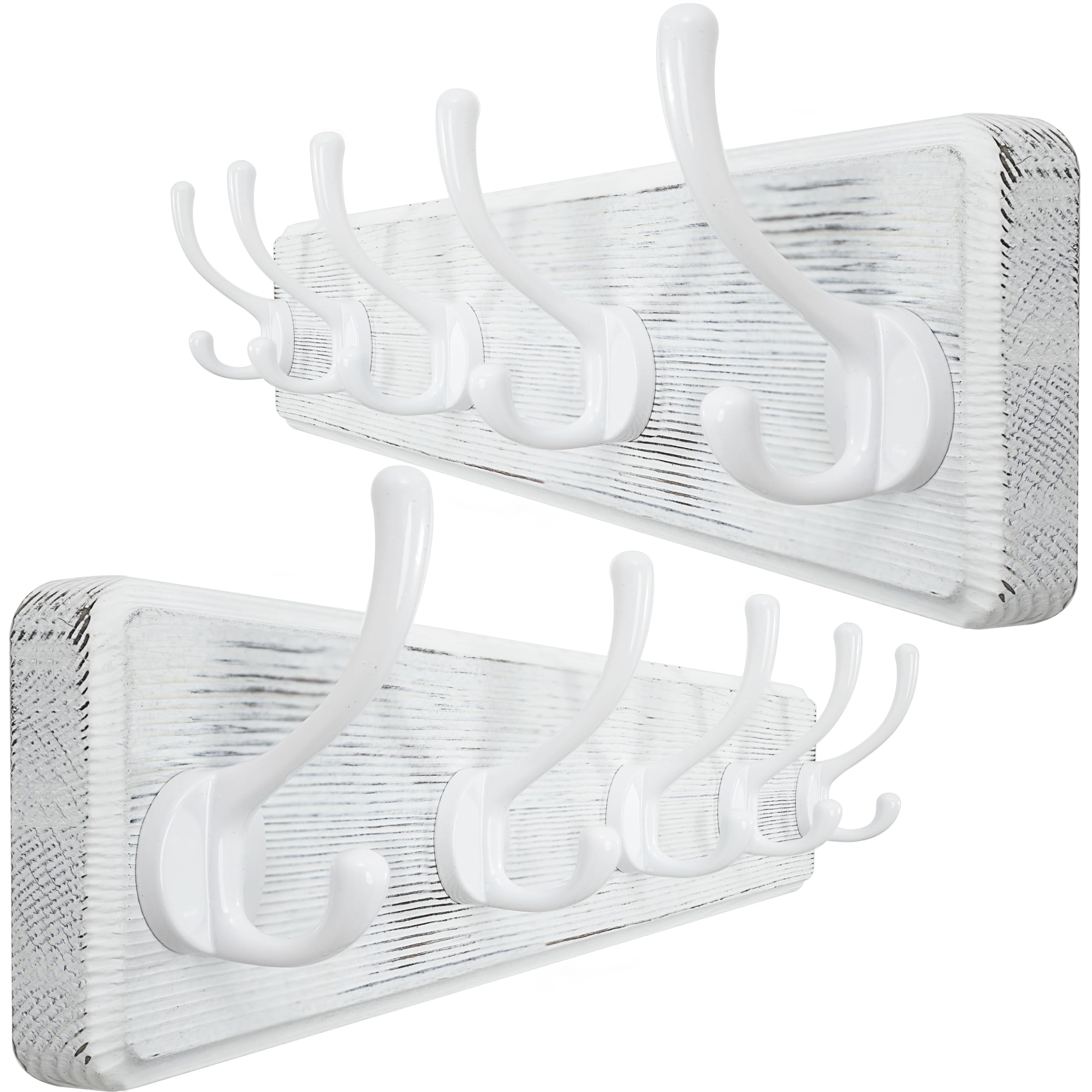 WEBI Rustic White Solid Wood Wall Mounted Coat Rack with 5 Hooks – 2 Pack