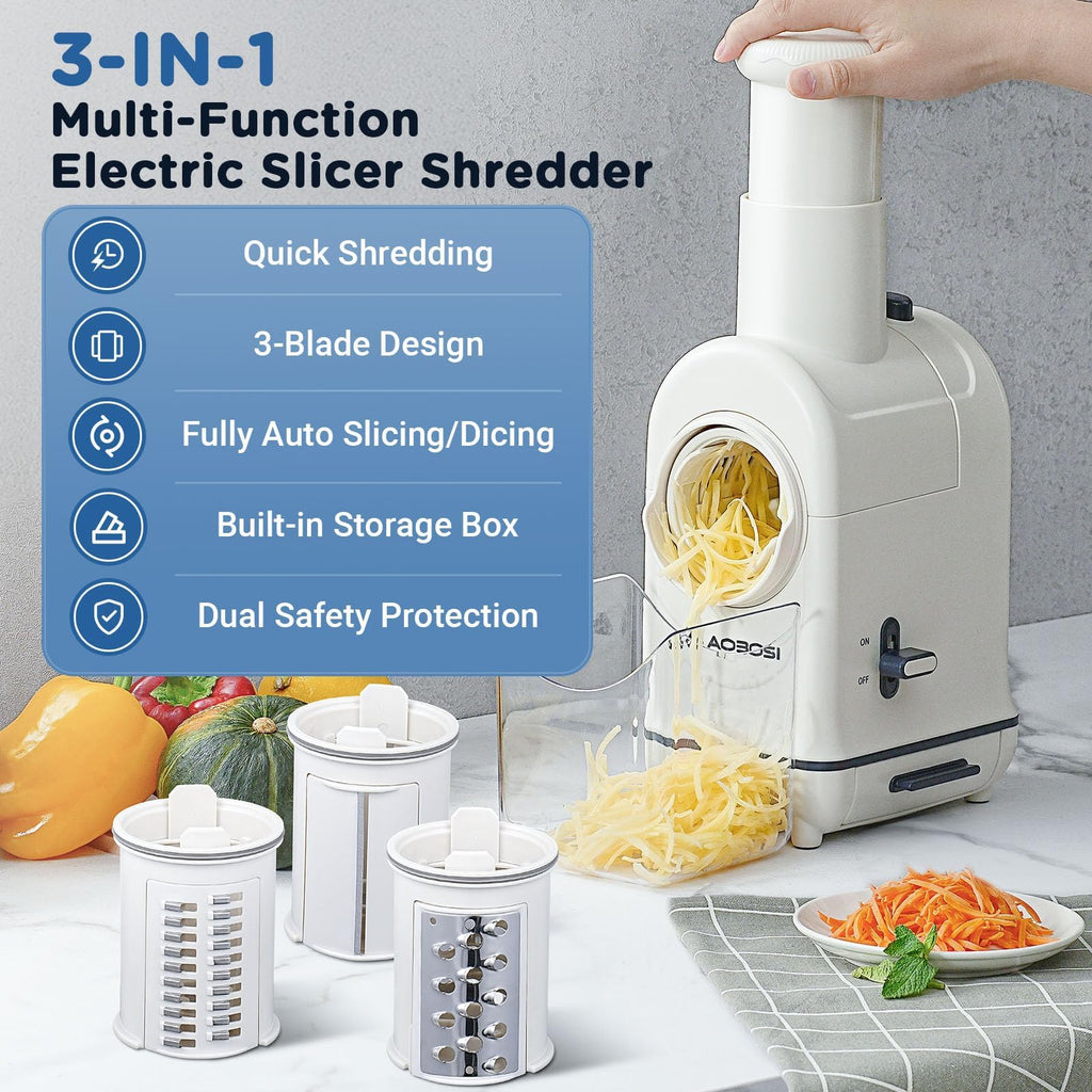 AOBOSI Electric Cheese Grater | 3-in-1 Vegetable Slicer with Large Chute