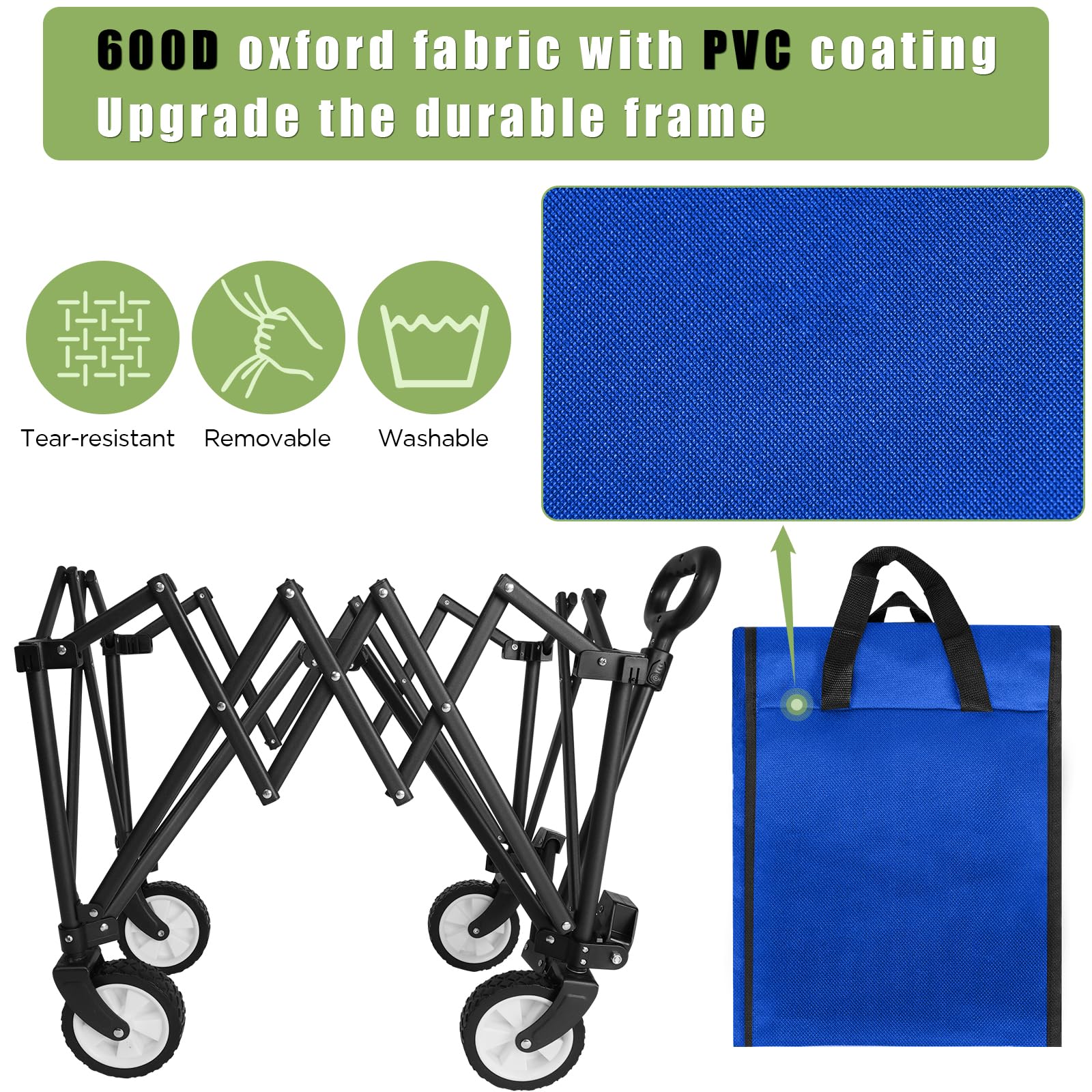 HOFTME Folding Wagon | 100L All Terrain Garden Trolley with Cover - Blue