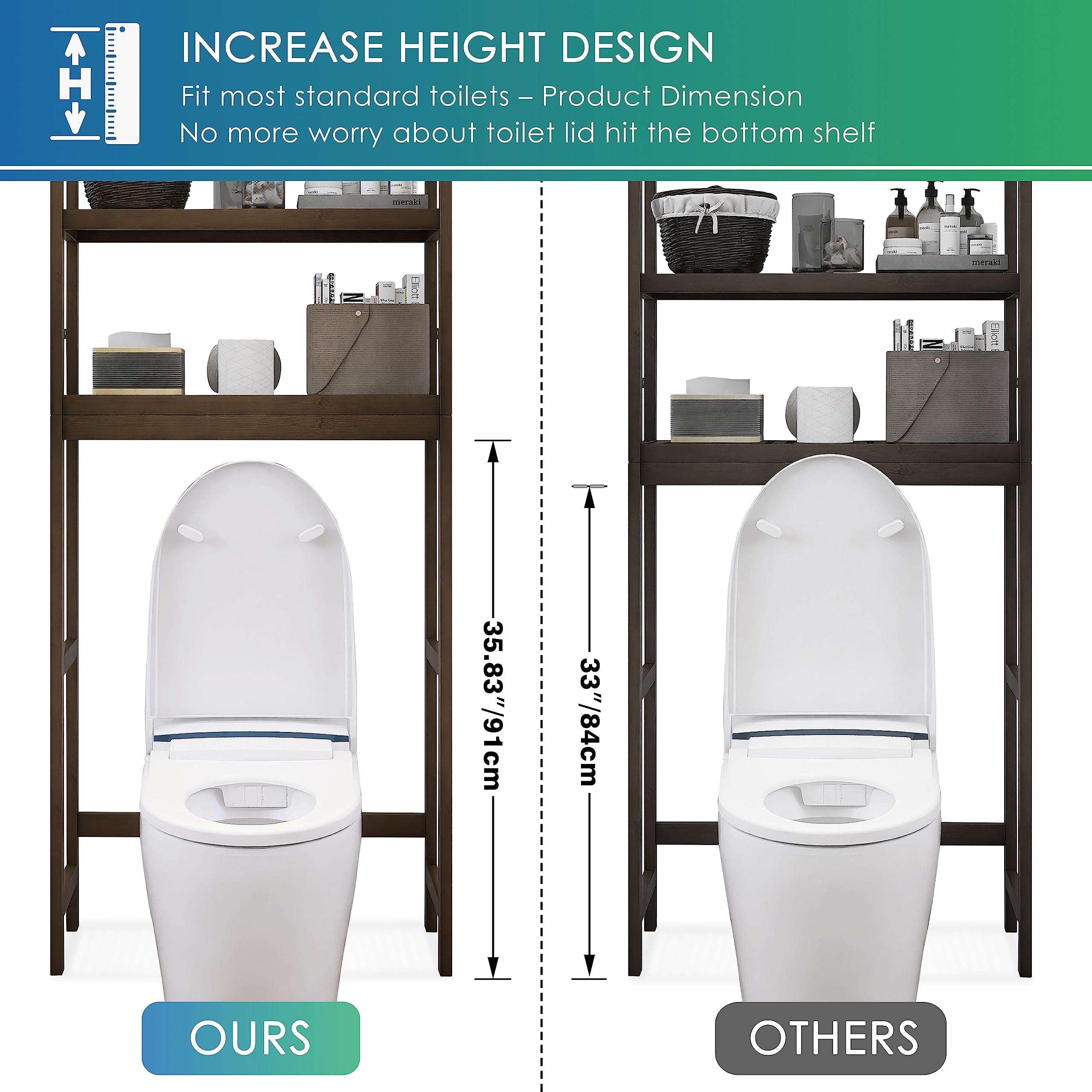 SMIBUY Bamboo Over-The-Toilet Storage Rack | 3-Tier Adjustable Shelf