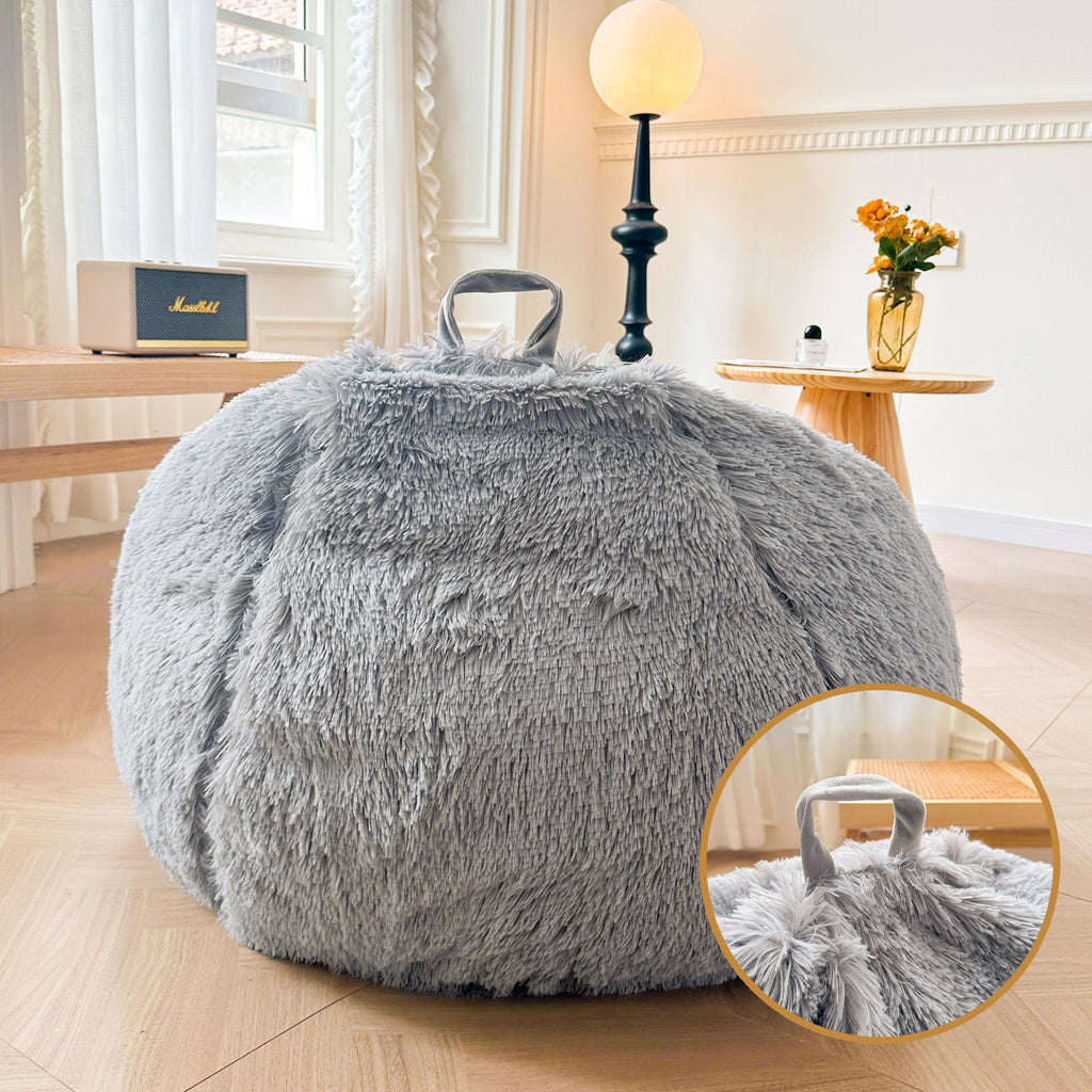 XeGe Faux Fur Stuffed Animal Storage Bean Bag CoverNo Filler, Light Grey