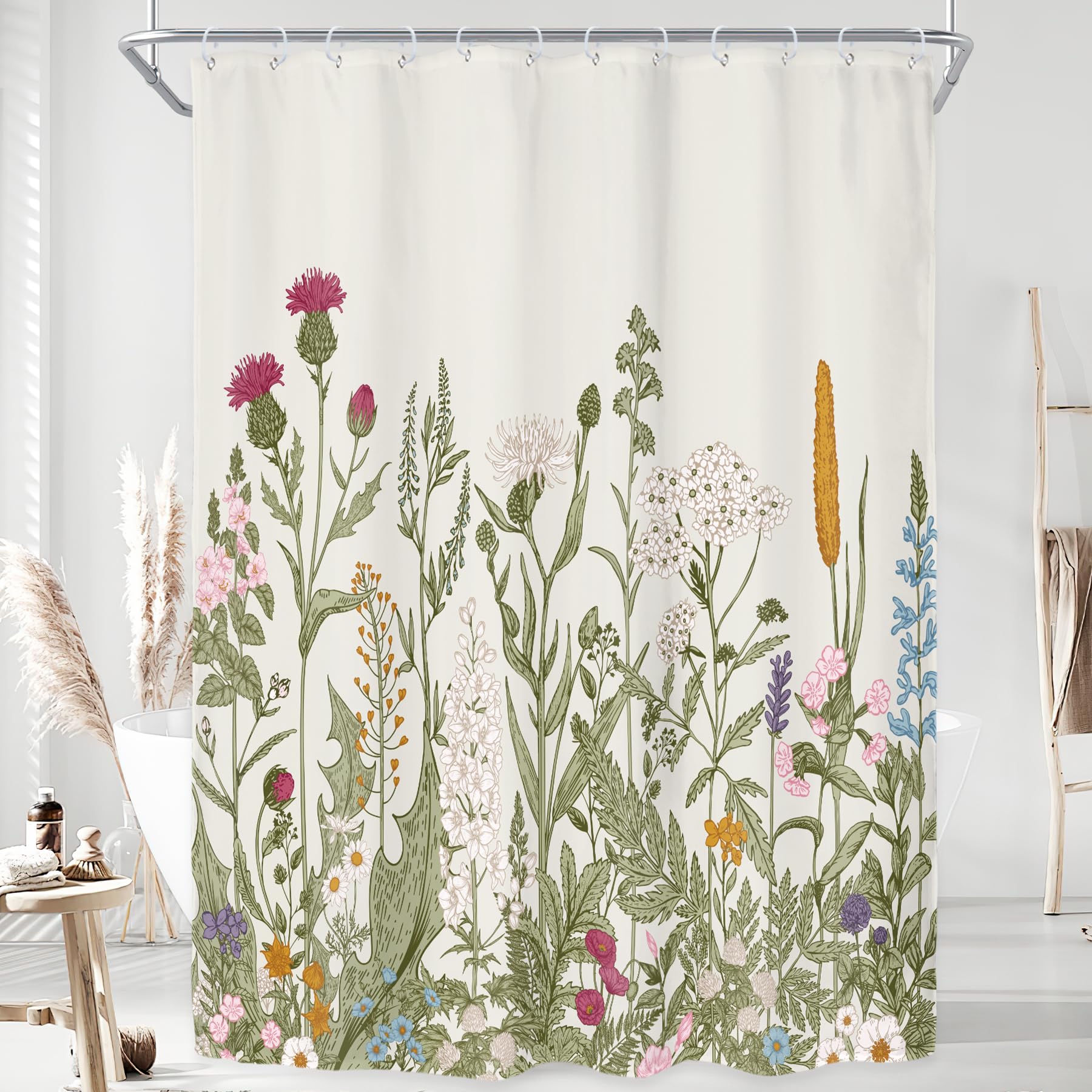 Jolof Store Wildflower Floral Shower Curtain - Green Botanical Fabric, 54x78
