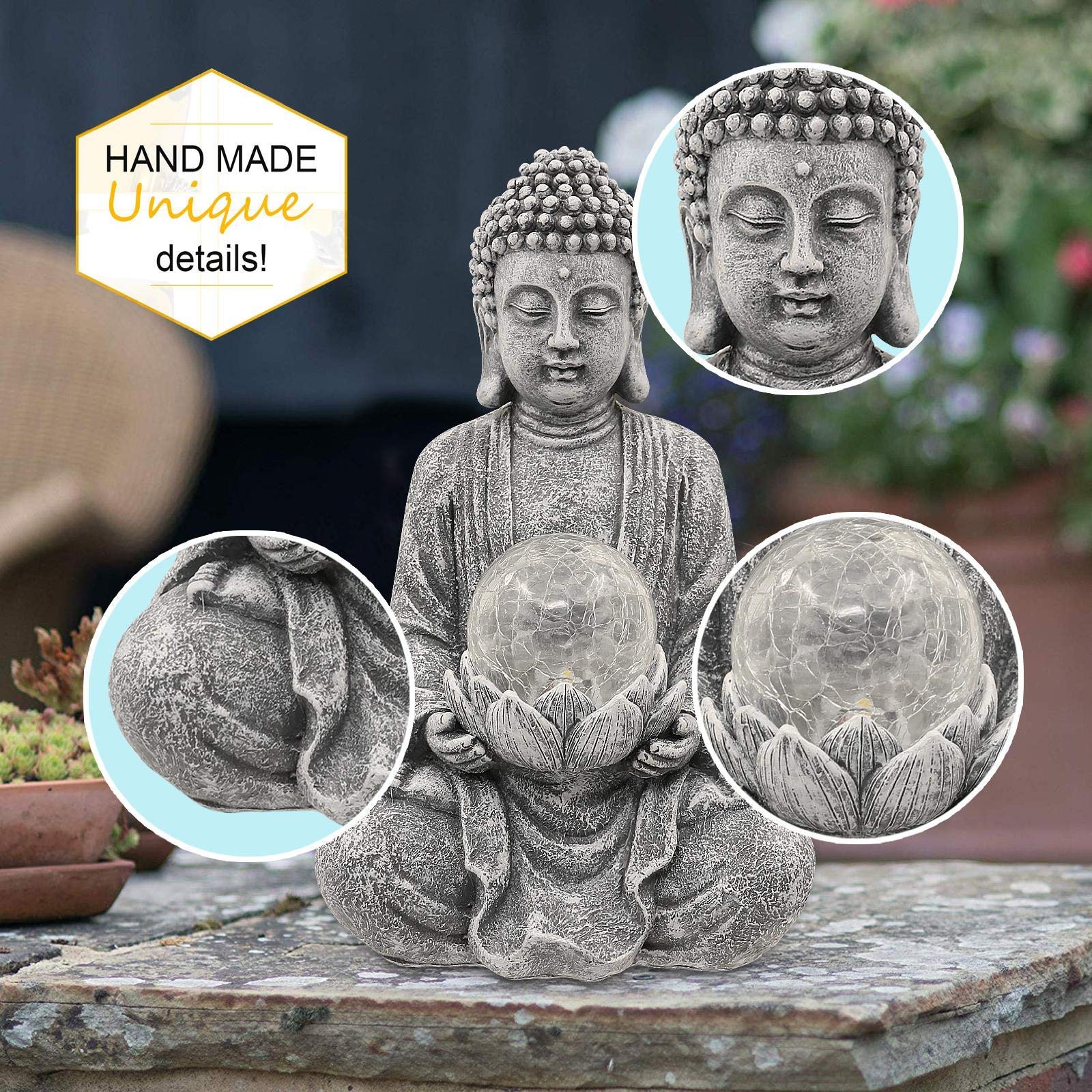 Goodeco Solar Zen Buddha Statue | Grey Polyresin Garden Decor with LED Ball