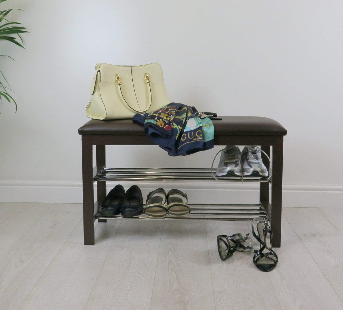 ASPECT 3-Tier Storage Shoe Rack/Bench with Seat Cushion Brown, 80 x 30 x 49 cm
