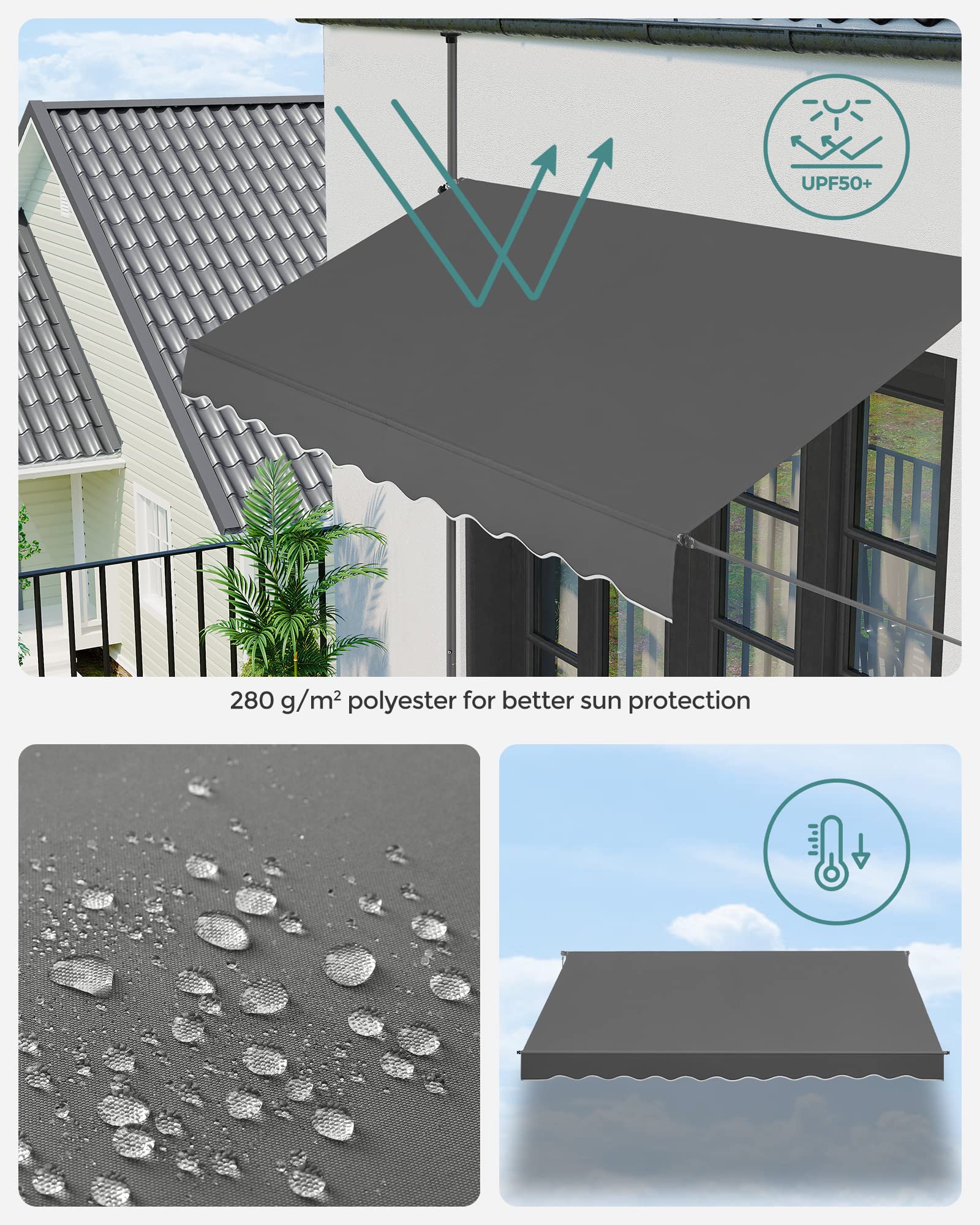 SONGMICS Clamp Awning | 300 x 130 cm Height-Adjustable Balcony Shade – Anthracite