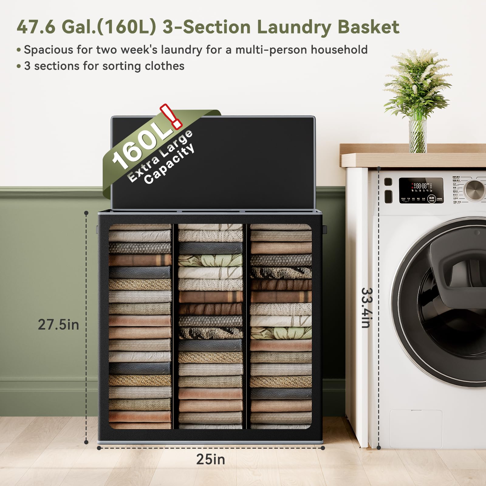 SOLEDI 160L 3-Section Laundry Hamper with Lid | Large Collapsible Sorter