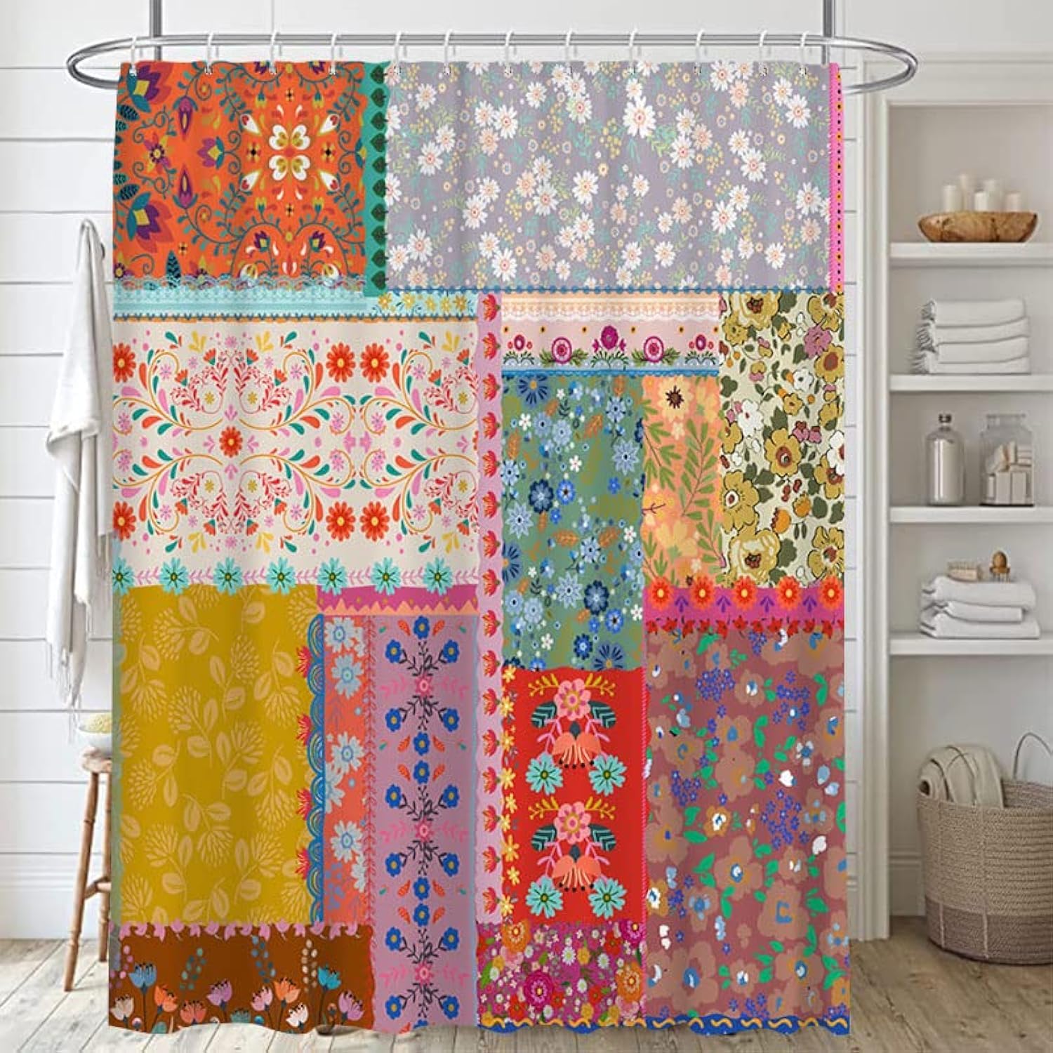 Jolof Store Boho Patchwork Shower Curtain | Waterproof Floral Fabric