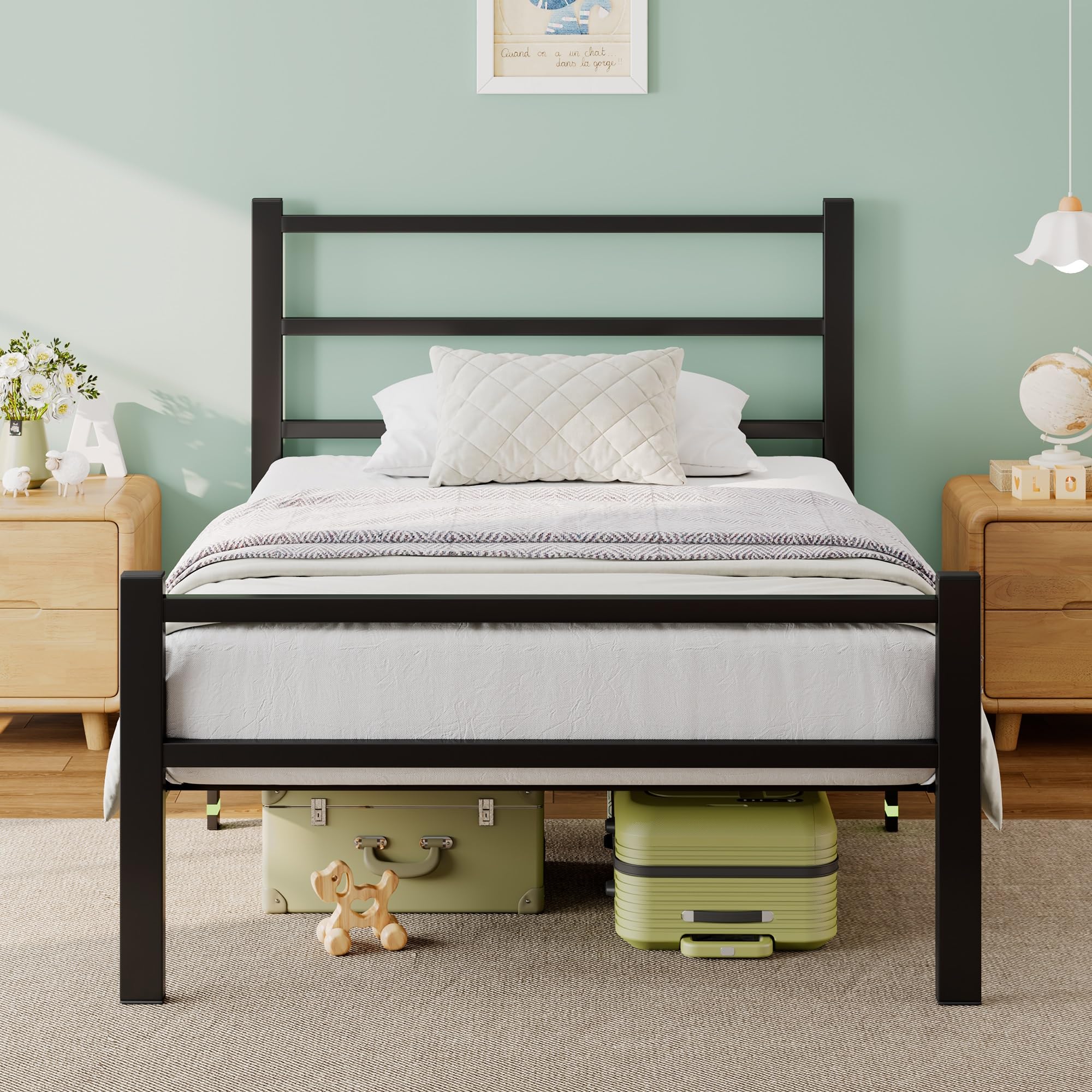 Feonase 3ft Metal Single Bed Frame with Headboard & Storage – Black