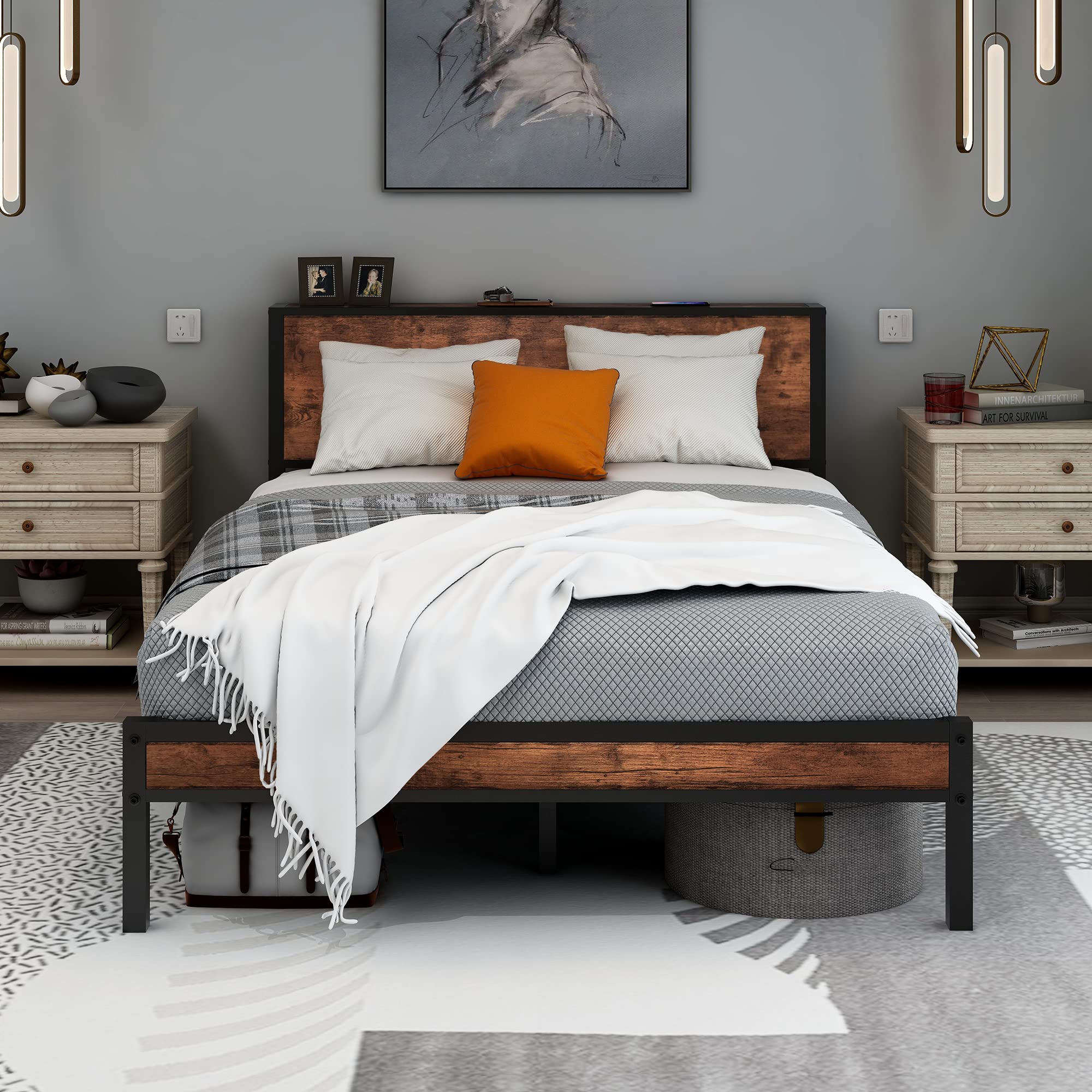 Diahomy Double Metal Platform Bed Frame with Wood Headboard – Brown