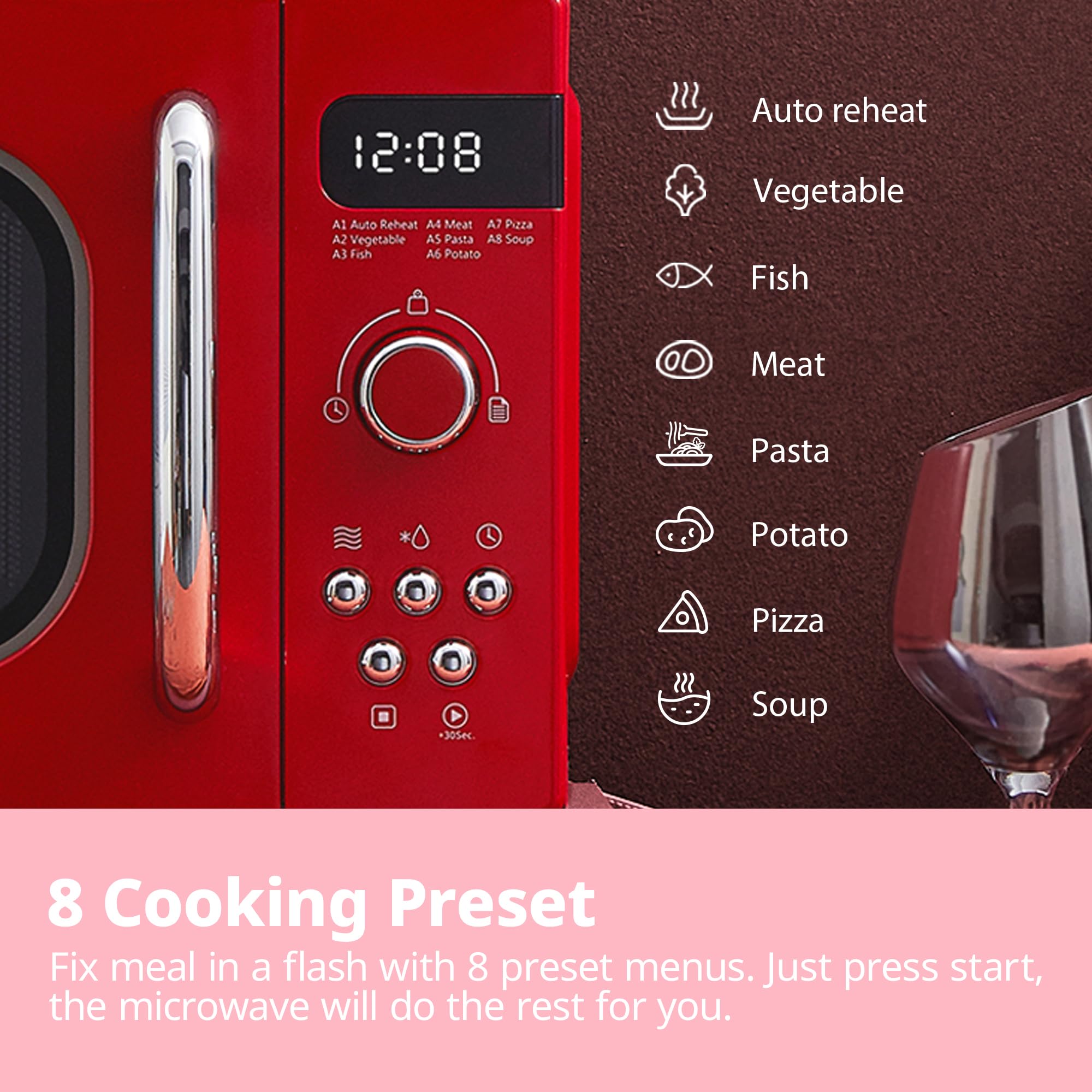 COMFEE' Retro 800W 20L Microwave Oven | 8 Auto Menus | Passionate Red