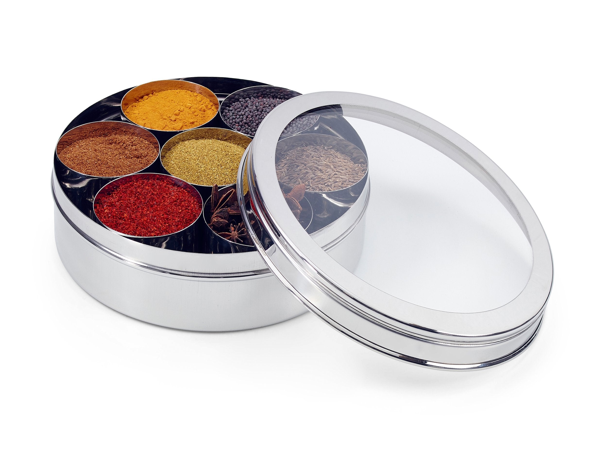 Zinel Stainless Steel Masala Dabba Spice Box with 7 Compartments, 22cm