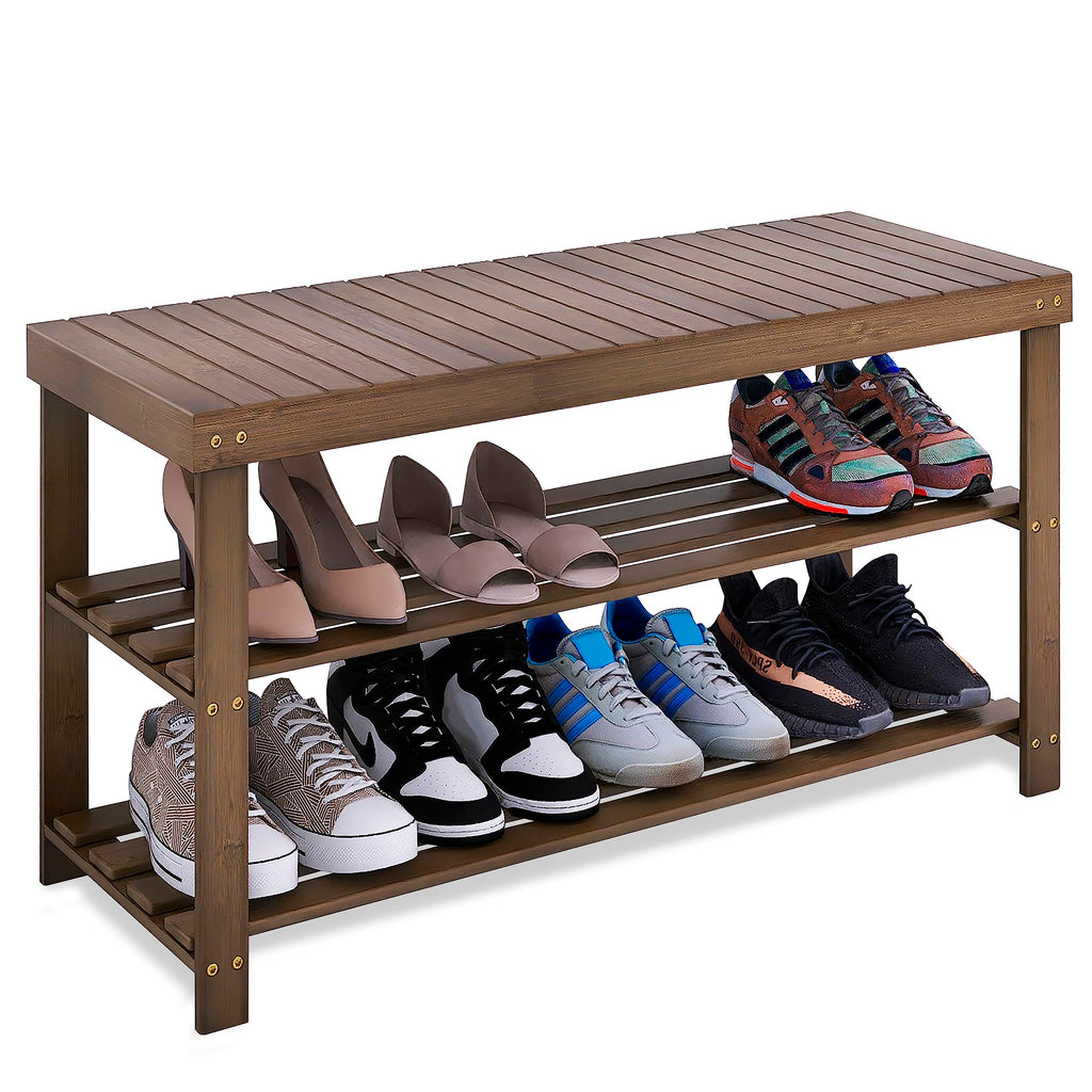 SMIBUY 3-Tier Bamboo Shoe Rack Bench – Entryway Storage Shelf, Walnut