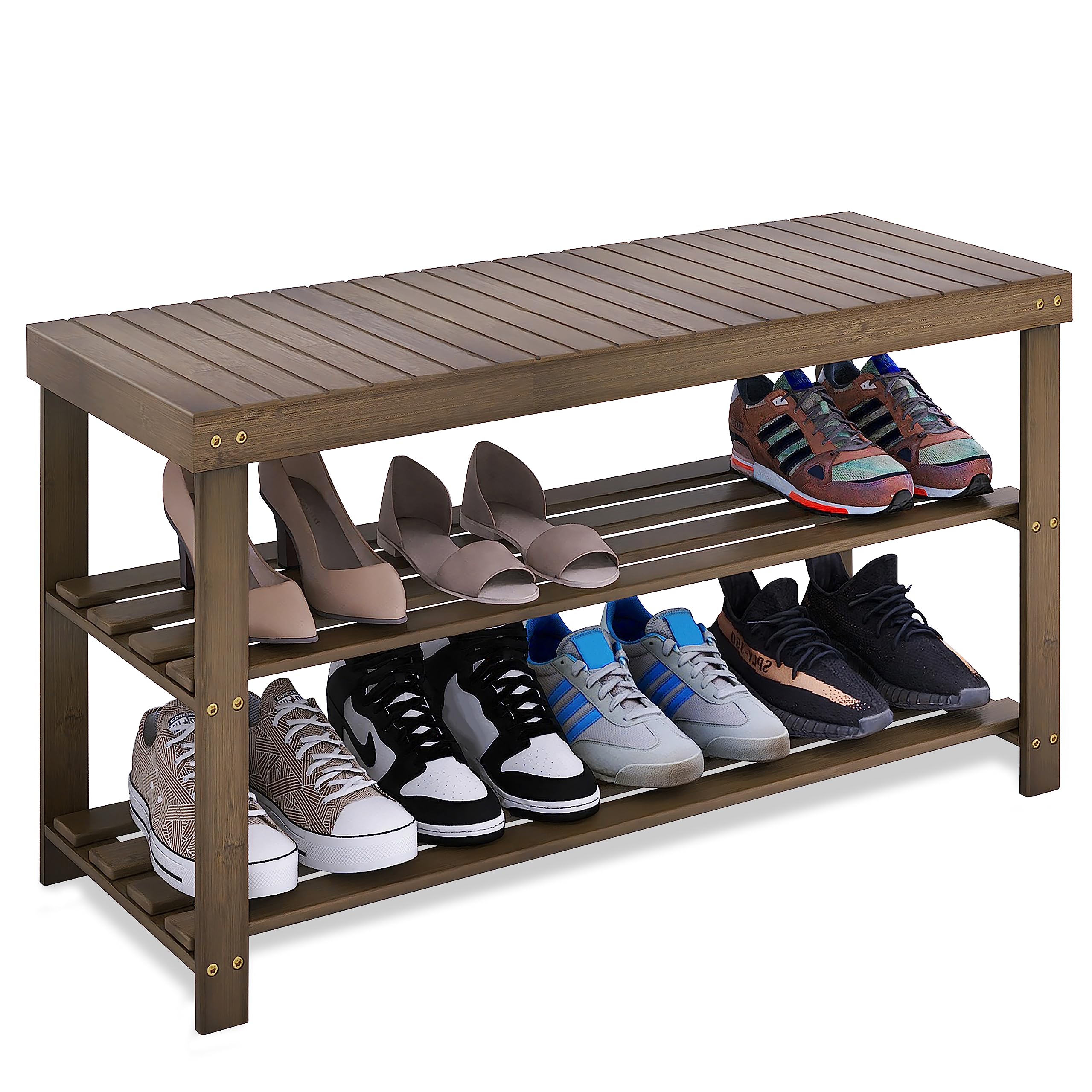 SMIBUY 3-Tier Bamboo Shoe Rack Bench – Entryway Storage Shelf, Walnut