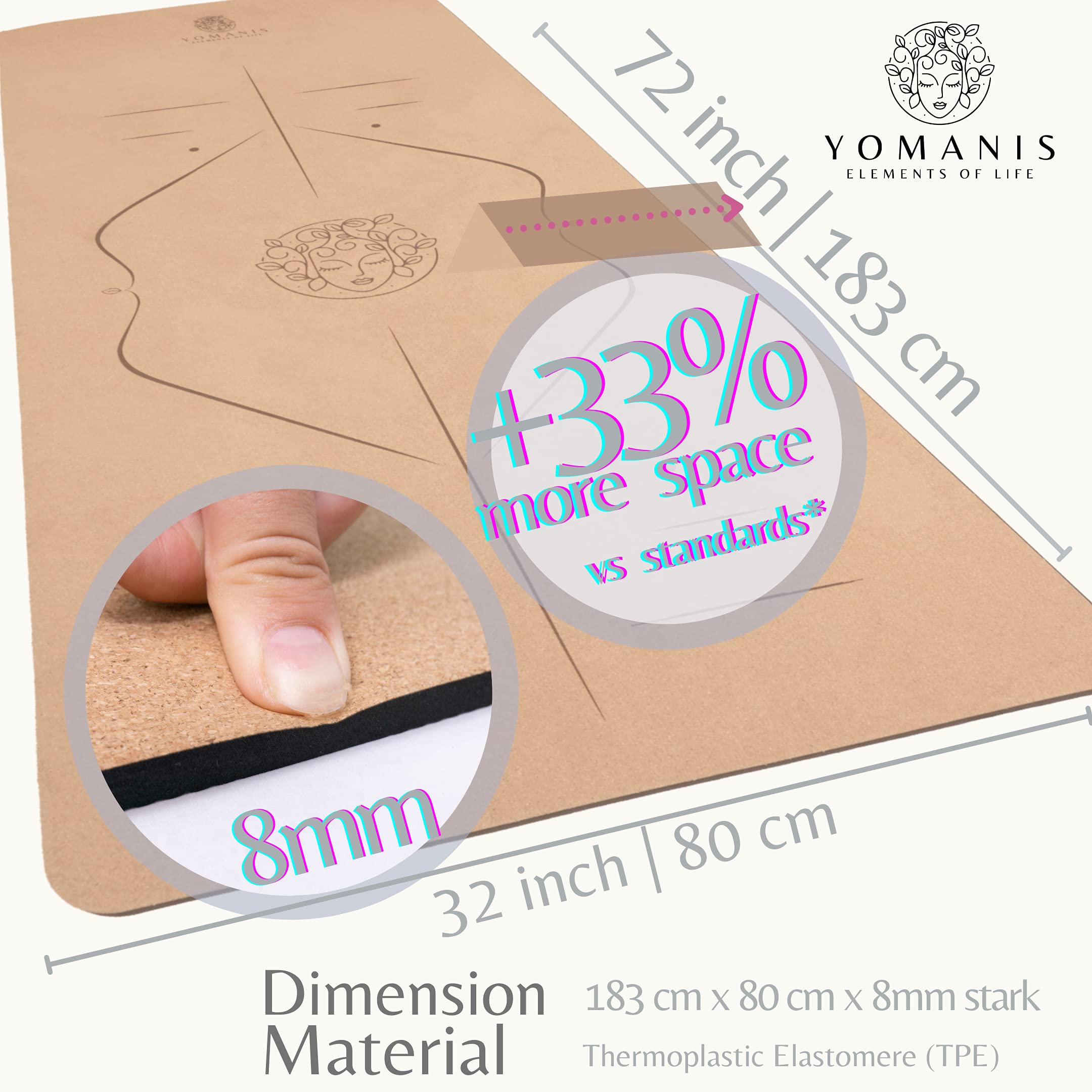 YOMANIS XXLux Cork Yoga Mat | Extra Wide 80cm & 8mm Thick Non-Slip