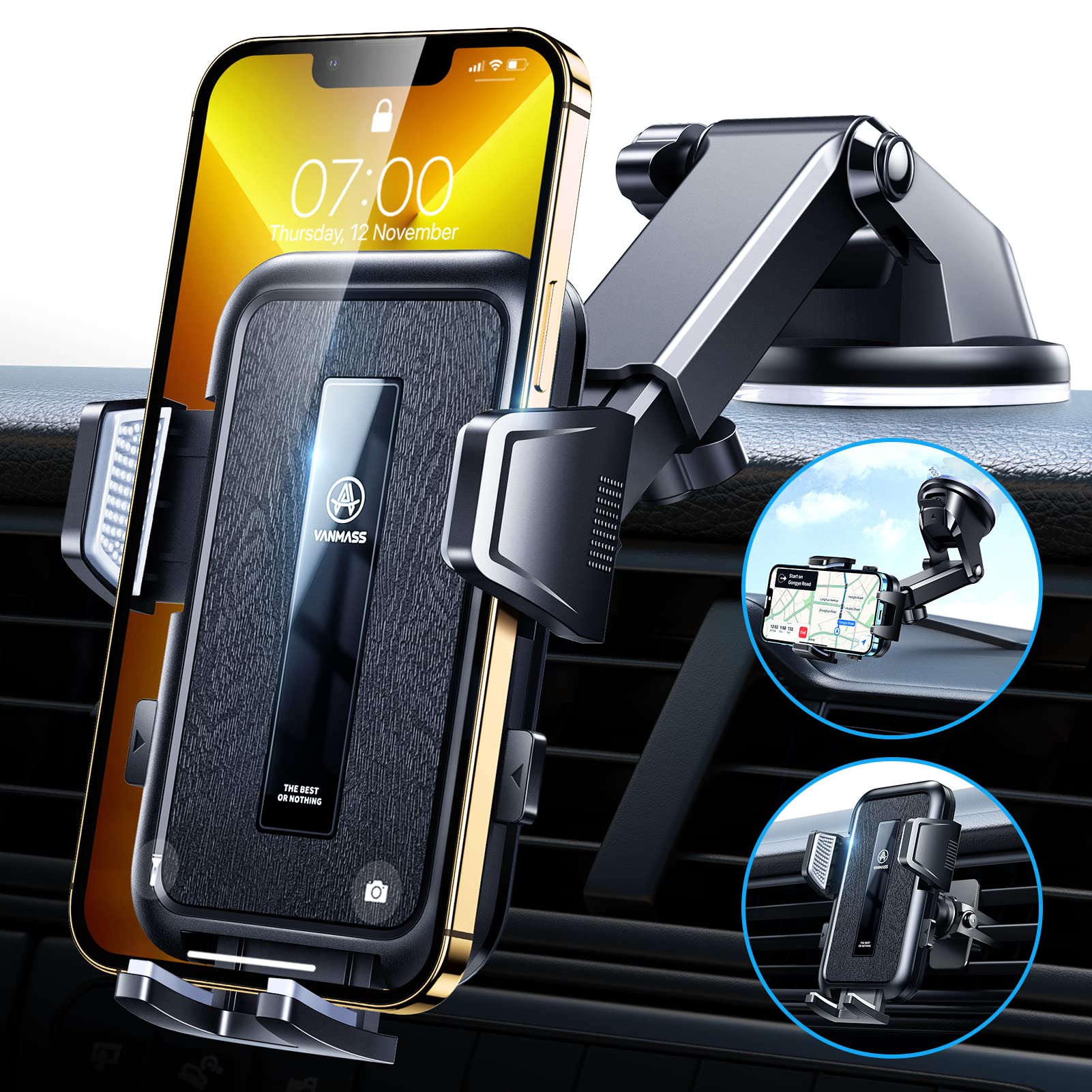 VANMASS Car Phone Holder – Suction Dashboard & Vent Mount for iPhone
