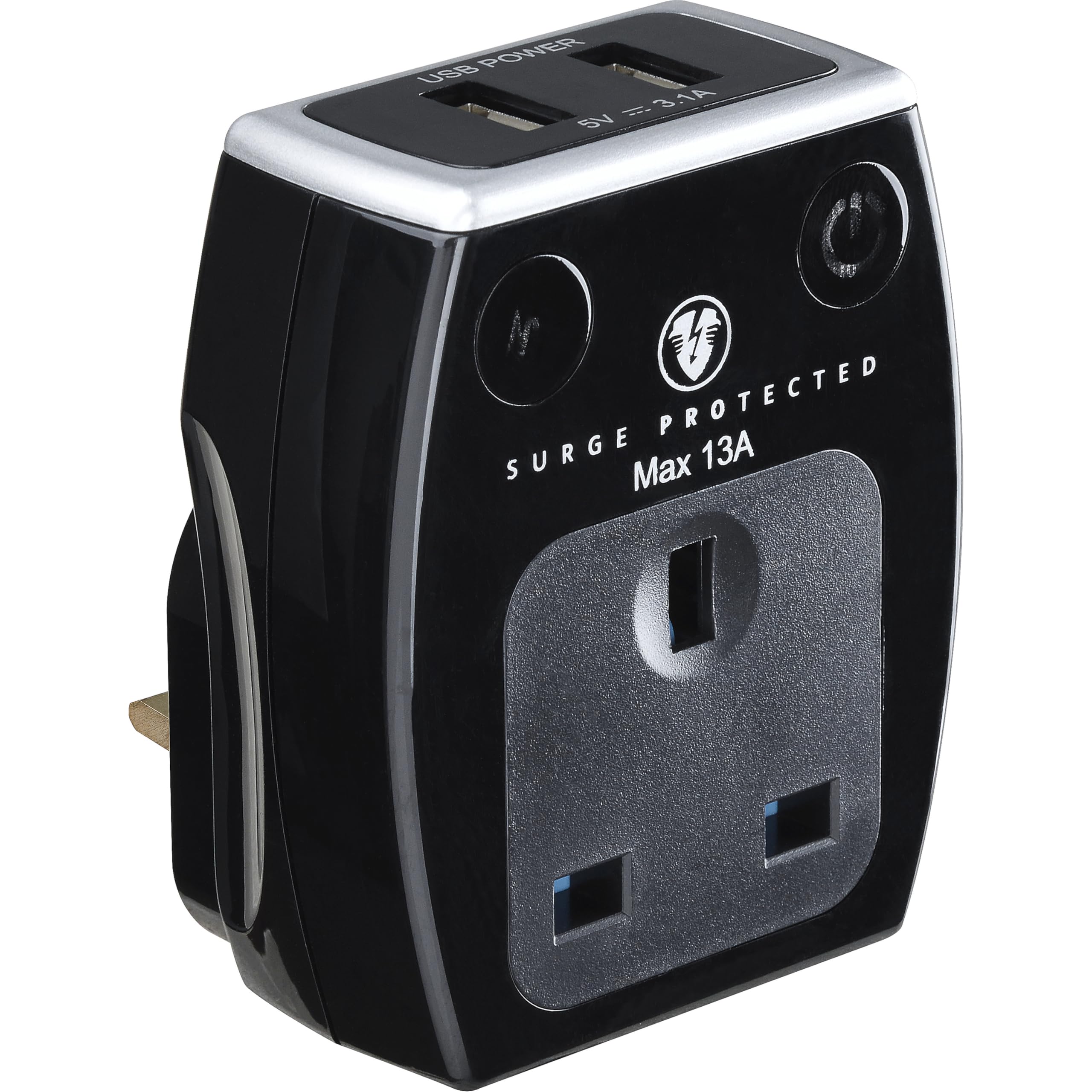 Masterplug Surge Protected Power Adaptor | Single Socket & Dual USB - Black