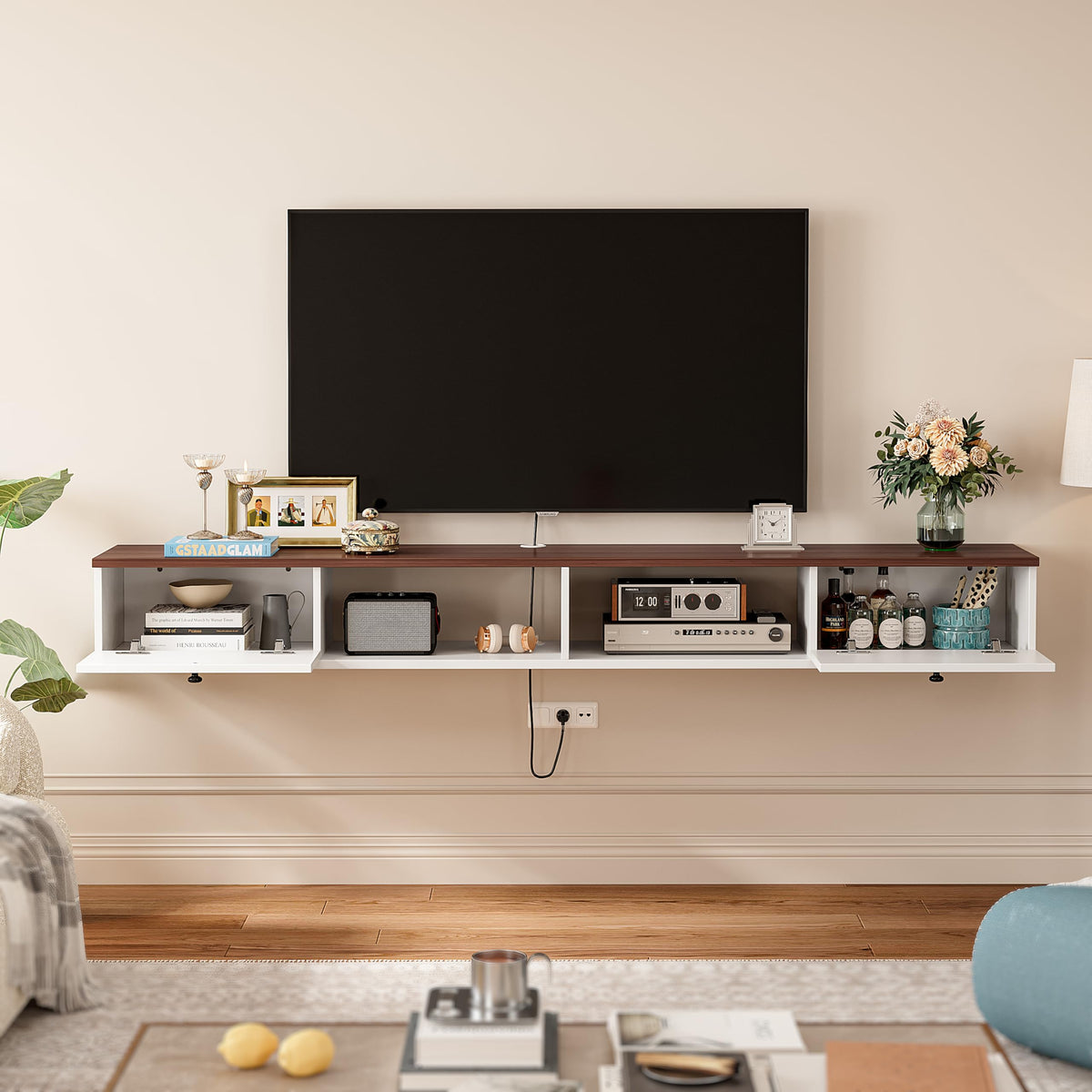 FloatiCasa 120cm Walnut & White Floating TV Unit, 2 Doors & 2 Open Cabinets - image 3