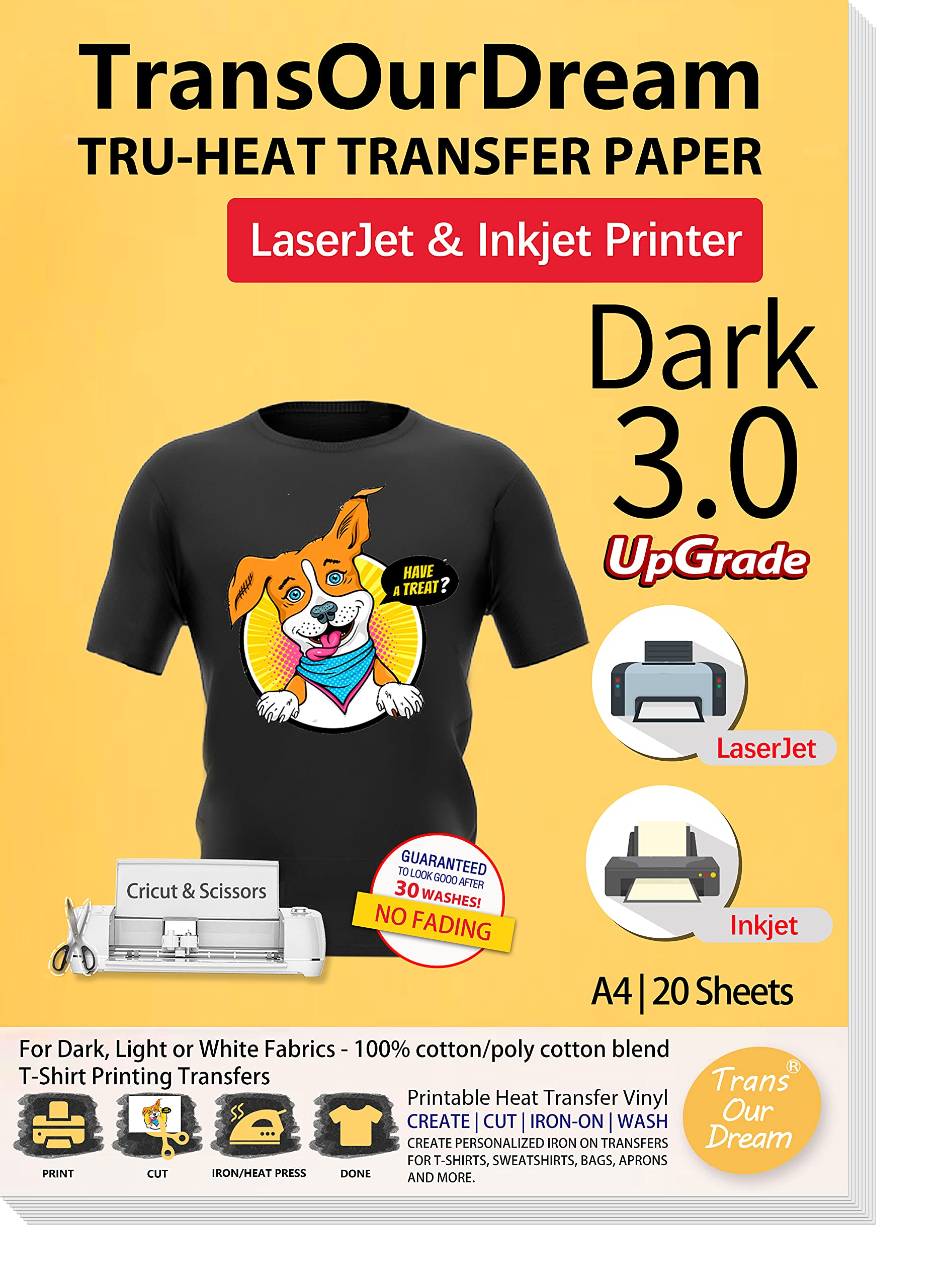 TransOurDream Dark Fabric Heat Transfer Paper for Inkjet & Laser - 20 Sheets