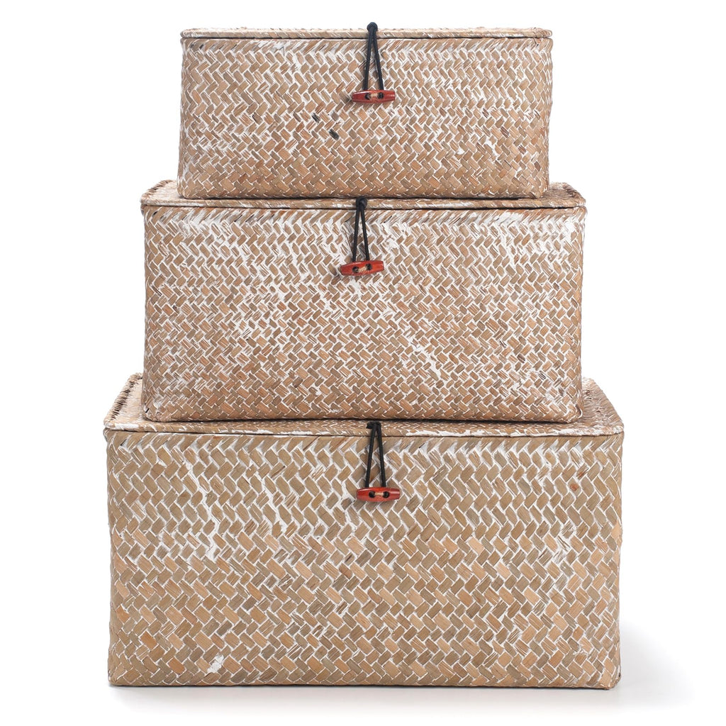 Seagrass Storage Baskets with Lid | 3-Piece Woven Rattan Set