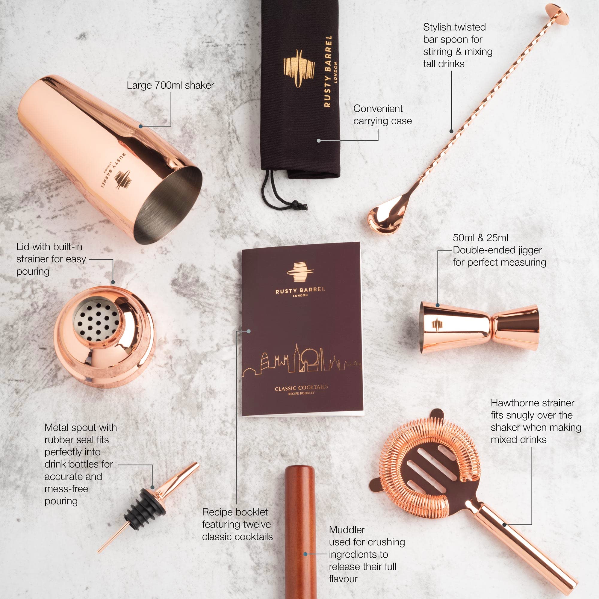 Rusty Barrel Cocktail Making Kit - 8-Piece Rose Gold Shaker Set with Gift Box