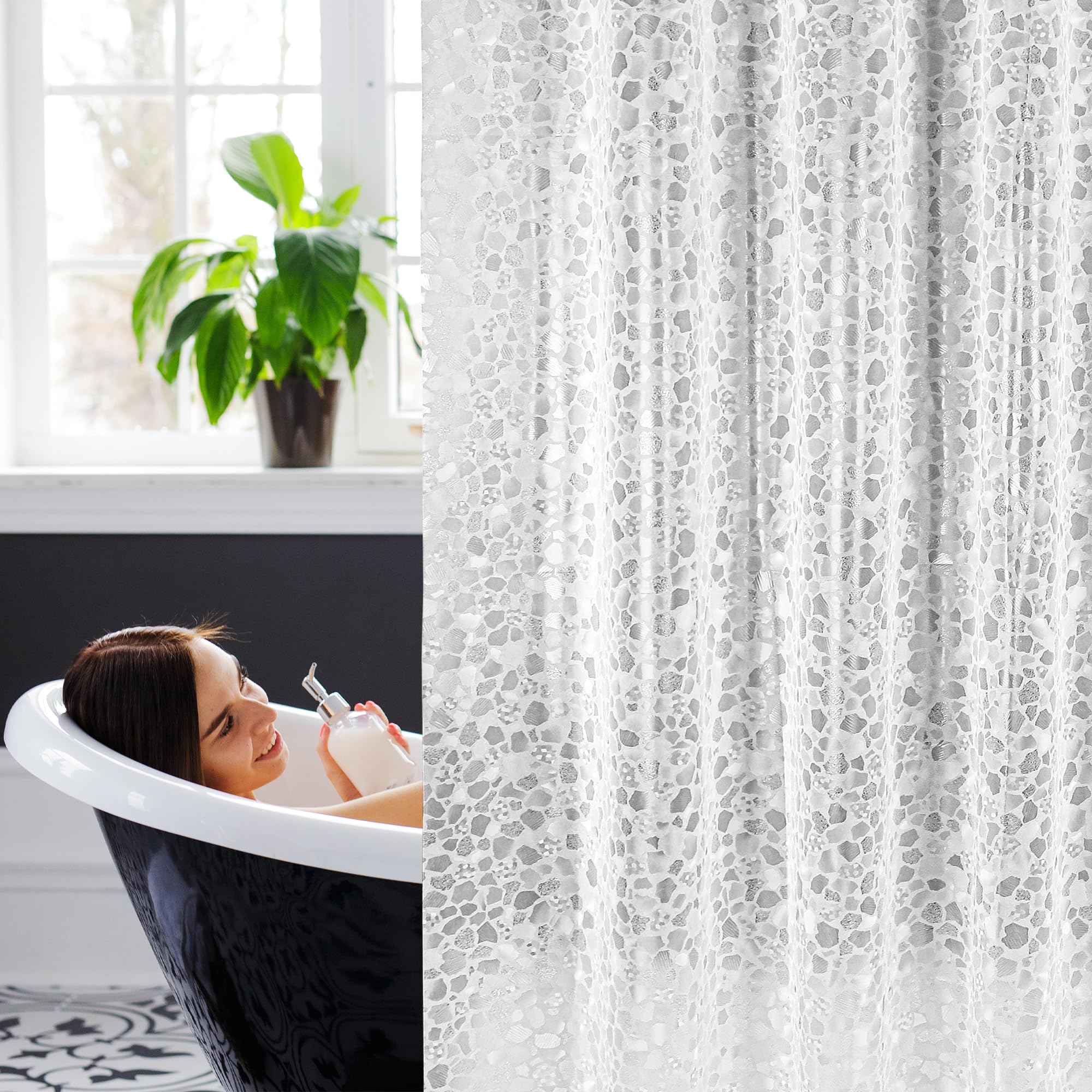 WELTRXE Shower Curtain | Waterproof EVA Liner | Clear Stone, 183x183cm