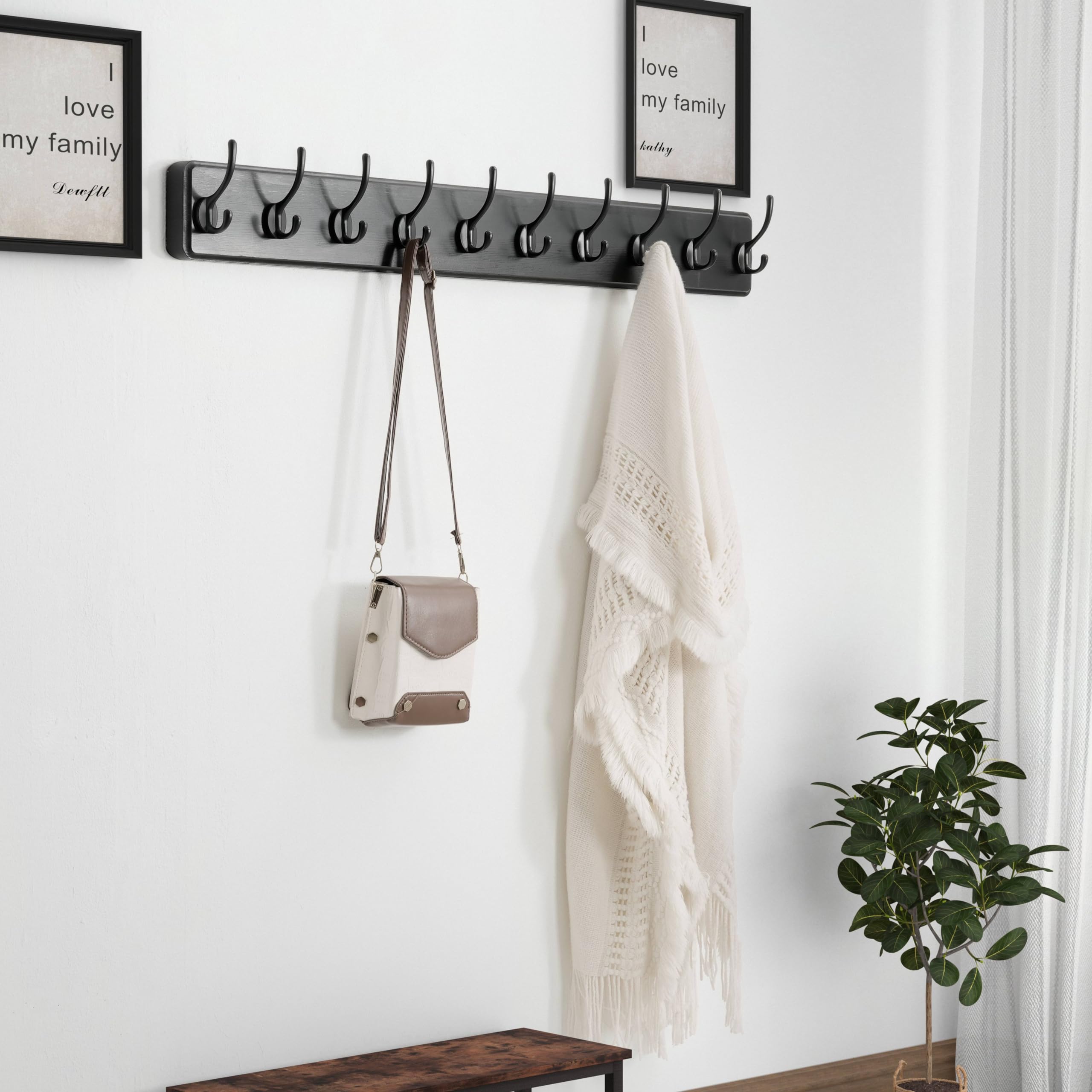 Dseap Heavy-Duty Wooden Wall Mounted Coat Rack - 97cm, 10 Hooks, 2 Pack