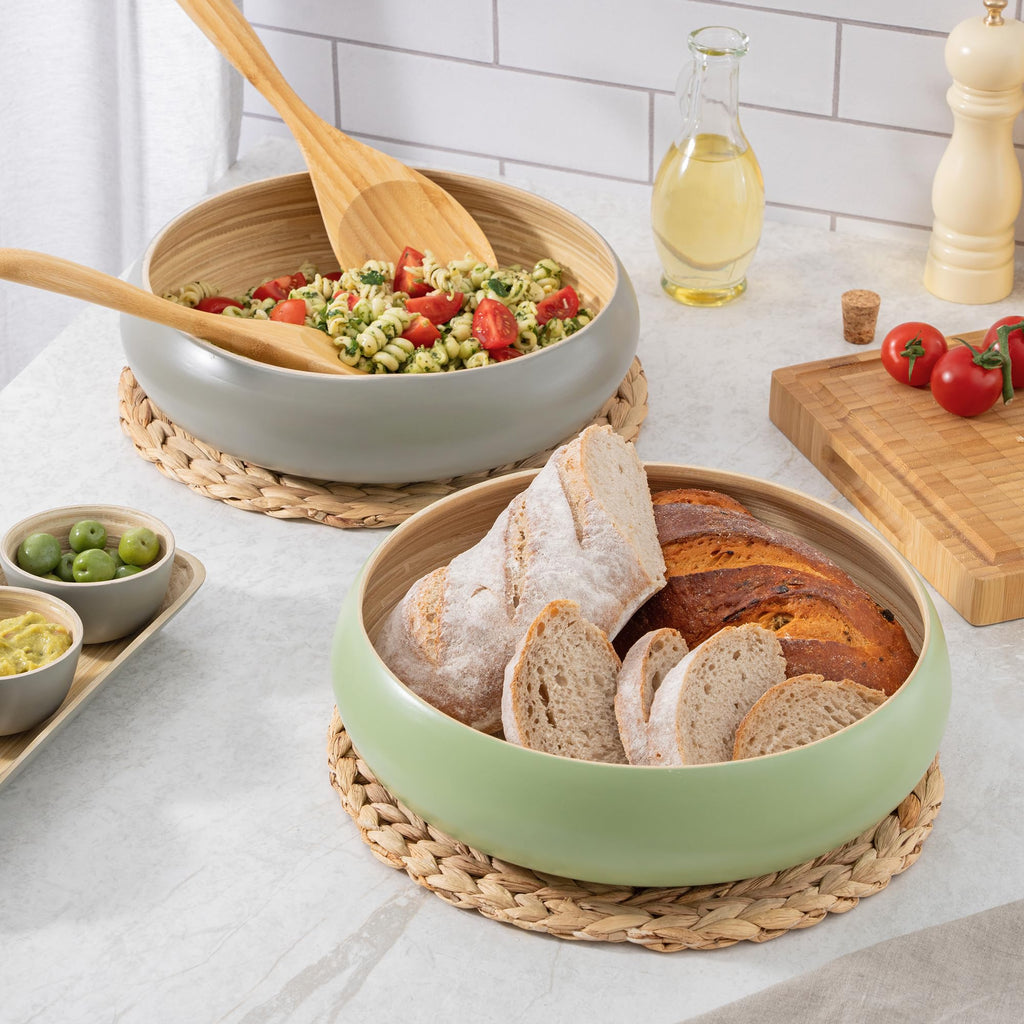 Dehaus Large Bamboo Fruit Bowl – 30cm Copper Gold Leaf Wooden Salad Bowl