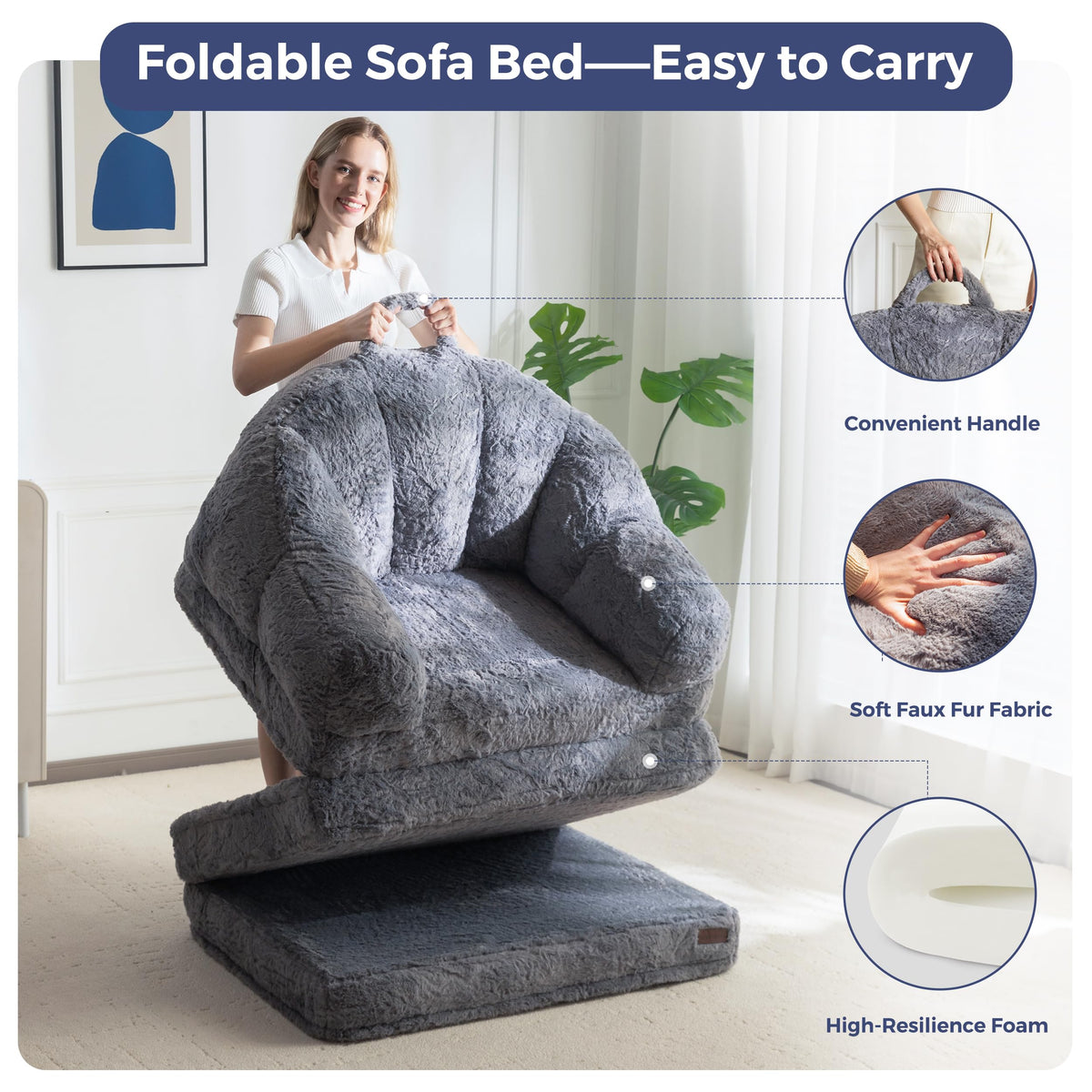 MAXYOYO Single Sofa Bed, Folding Bean Bag Chair, Faux Fur Fabric