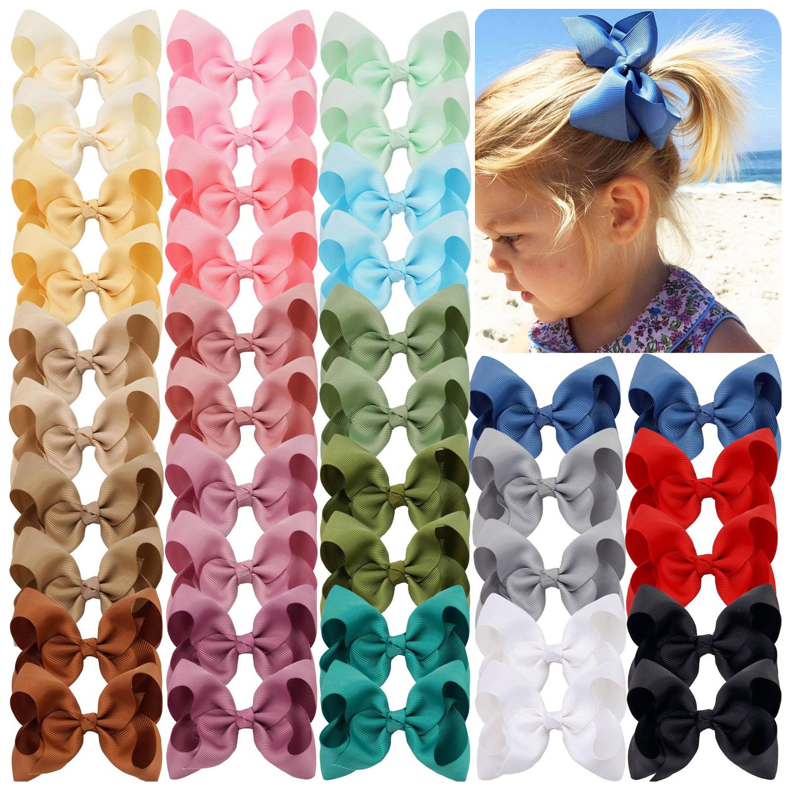 JOYOYO 40 Pcs Grosgrain Ribbon Hair Bows – 4.5 Inch Large Clips for Girls